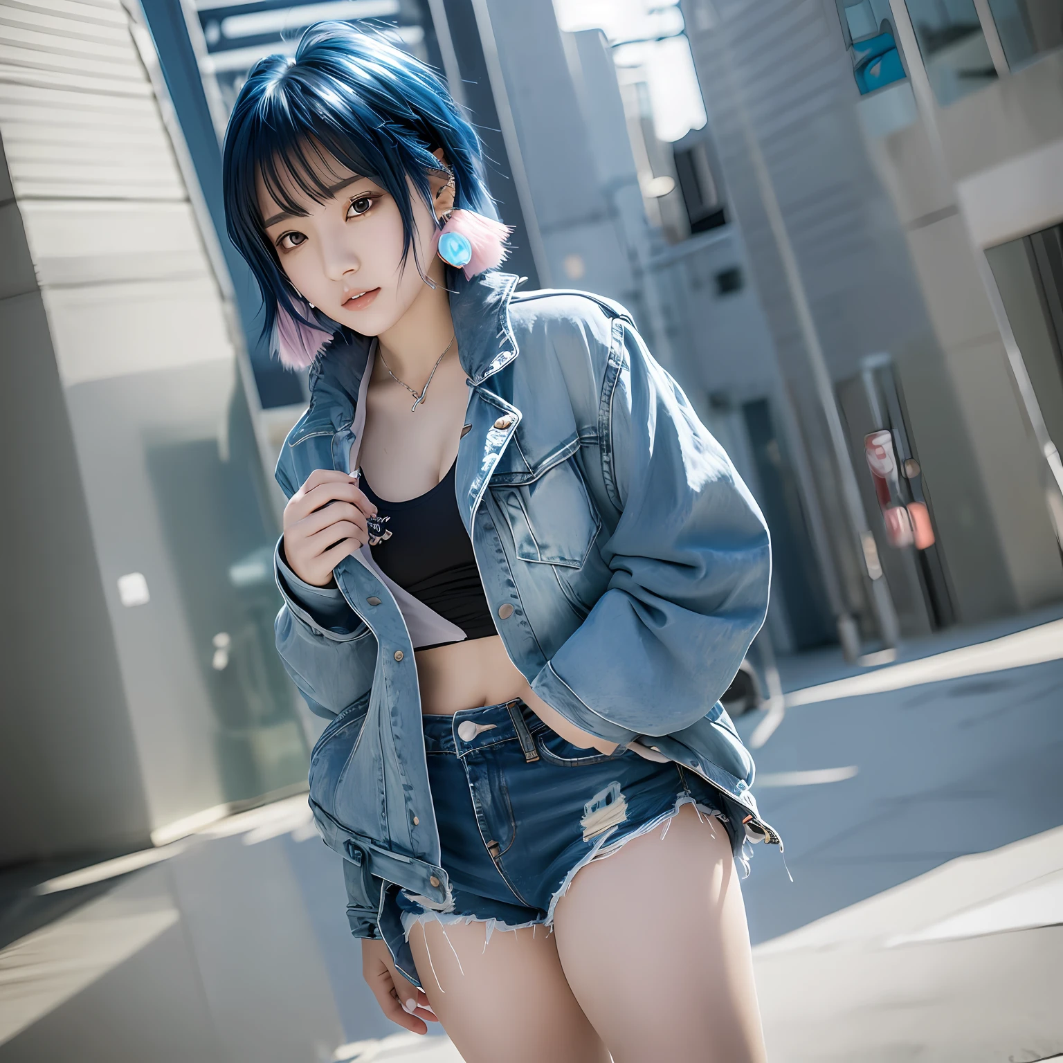 Masterpiece,8k, perfect face highly detailed,HDR, ultra realistic photoshoot, absurdres,award winning photo, extremely detailed, amazing, fine detail,
KazAsuka, Japanese woman, blue crop top, big breasts, denim jacket and minishorts, short black hair, MMA gloves, posing for a picture, in the streets of Osaka --auto