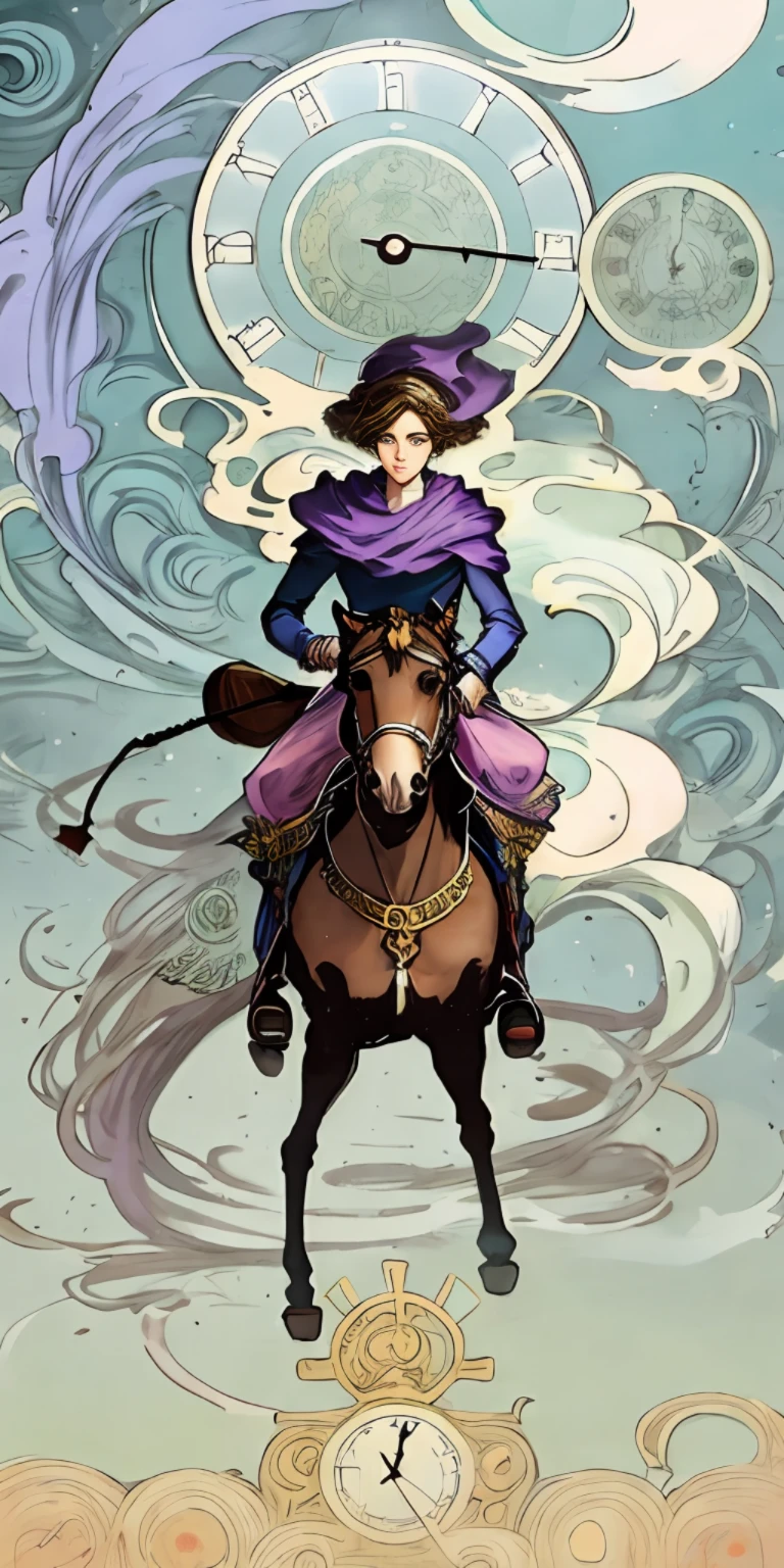 anime poster of a woman on a horse with a clock, art nouveau! cyberpunk! style, anime art nouveau, art nouveau cyberpunk! style, cyberpunk art nouveau, mucha style 4k, anime art nouveau cosmic display, artem demura alphonse mucha, hyperrealistic art nouveau, korean art nouveau anime, alphonse mucha and rossdraws, modern art noveau