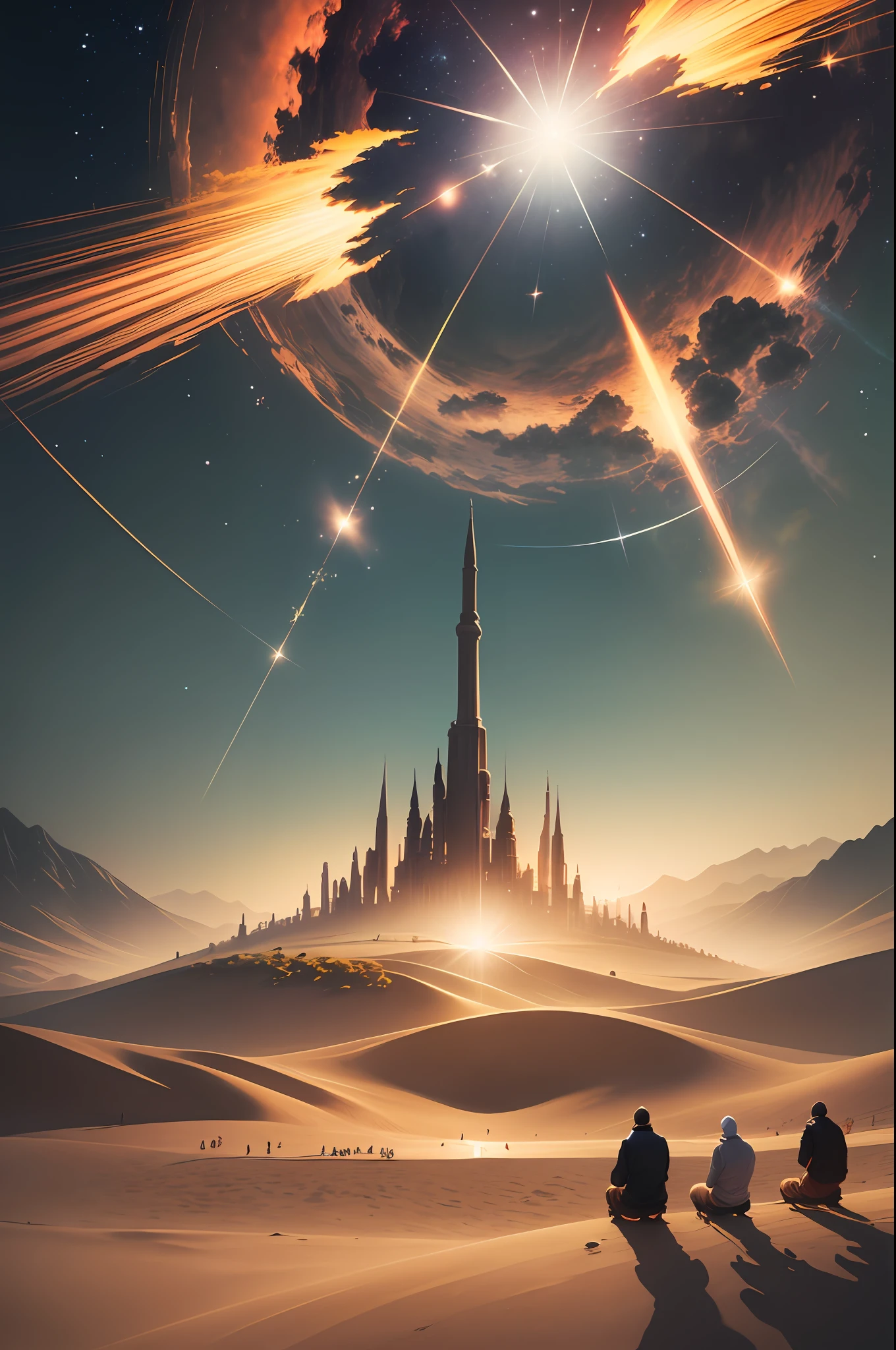 Generate an awe-inspiring image set in a vast desert where a large group of pilgrims prostrate themselves in worship of a miraculous deity. Divinity manifests as a luminous, ethereal silhouette in the sky.