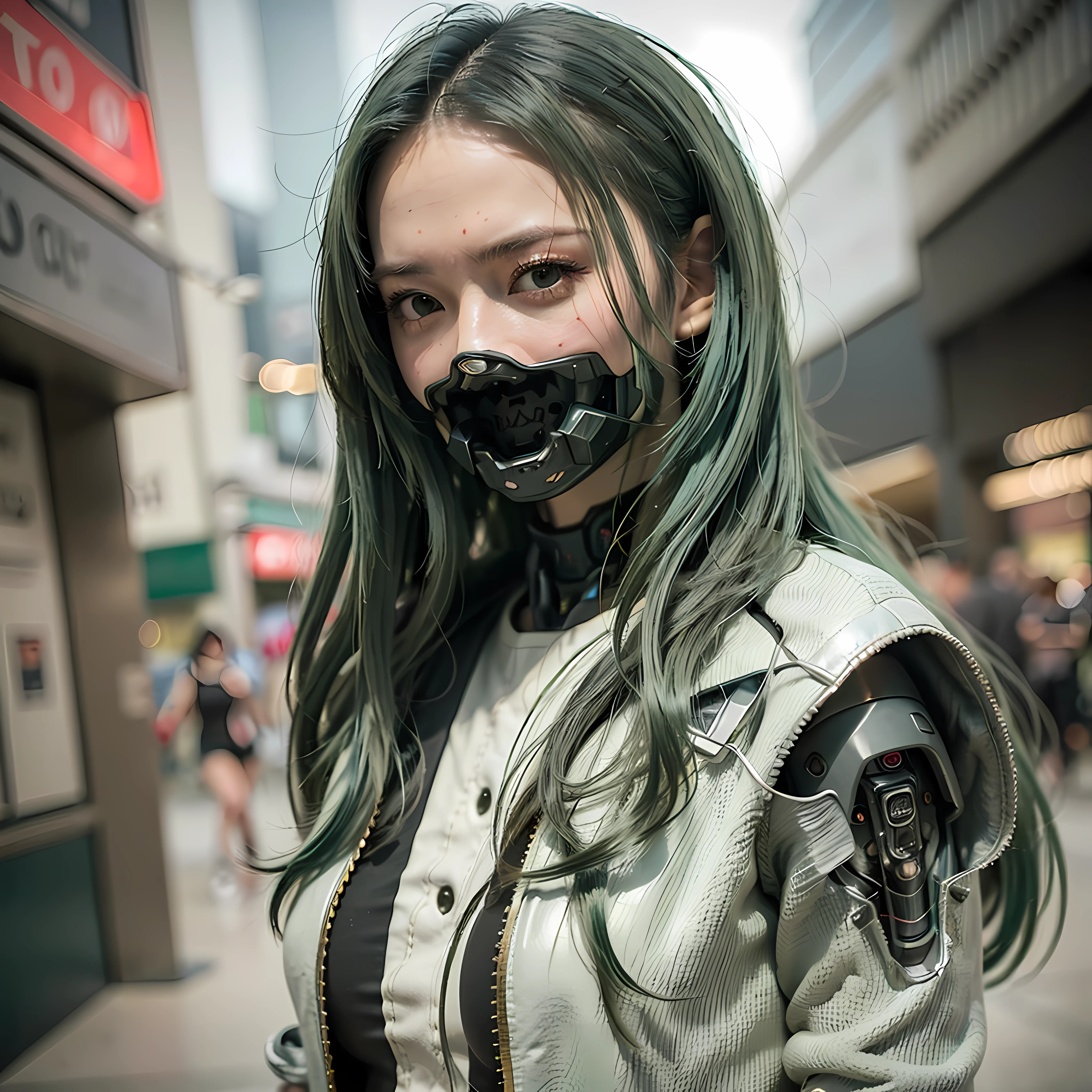 (Photorealistic:1.4), (Best Quality:1.0), (Ultra Resolution:1.0), (8K, RAW Photo), (Masterpiece:0.2), Portrait, Facial Focus,
(Cybernetic_Jawless), mask, mechanical parts, cybernetics, 1 girl, asian girl, jacket, (long hair:1.5), (green hair:1.5),
Cyberpunk Street background, (neon: 1.2),