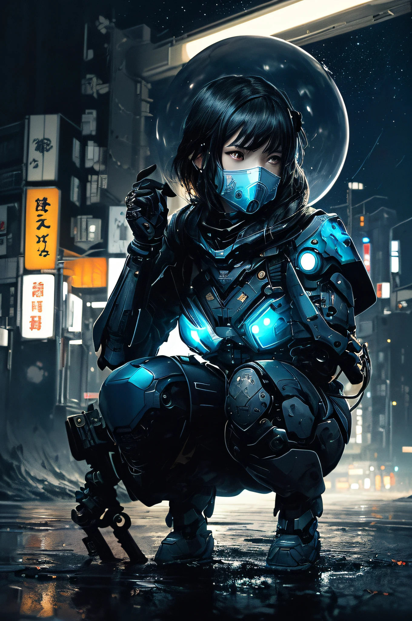 photo, high quality, (close-up shot of 1girl), to8contrast style,mechanical arms, cyborg, slime colored skin, liquid slime skin, arms up, face mask, slime girl, red eyes,(((alone in the darkness, night tokyo background, unlit, hard shadows, deep contrast))), pantyhose, blue lights, modelshoot style, small breasts,(extremely detailed CG unity 8k wallpaper), full body, squatting, most beautiful artwork in the world, trending on ArtStation, trending on CGSociety, Intricate, High Detail, Sharp focus, dramatic, night starry sky, photorealistic painting art by midjourney and ilya kuvshinov,