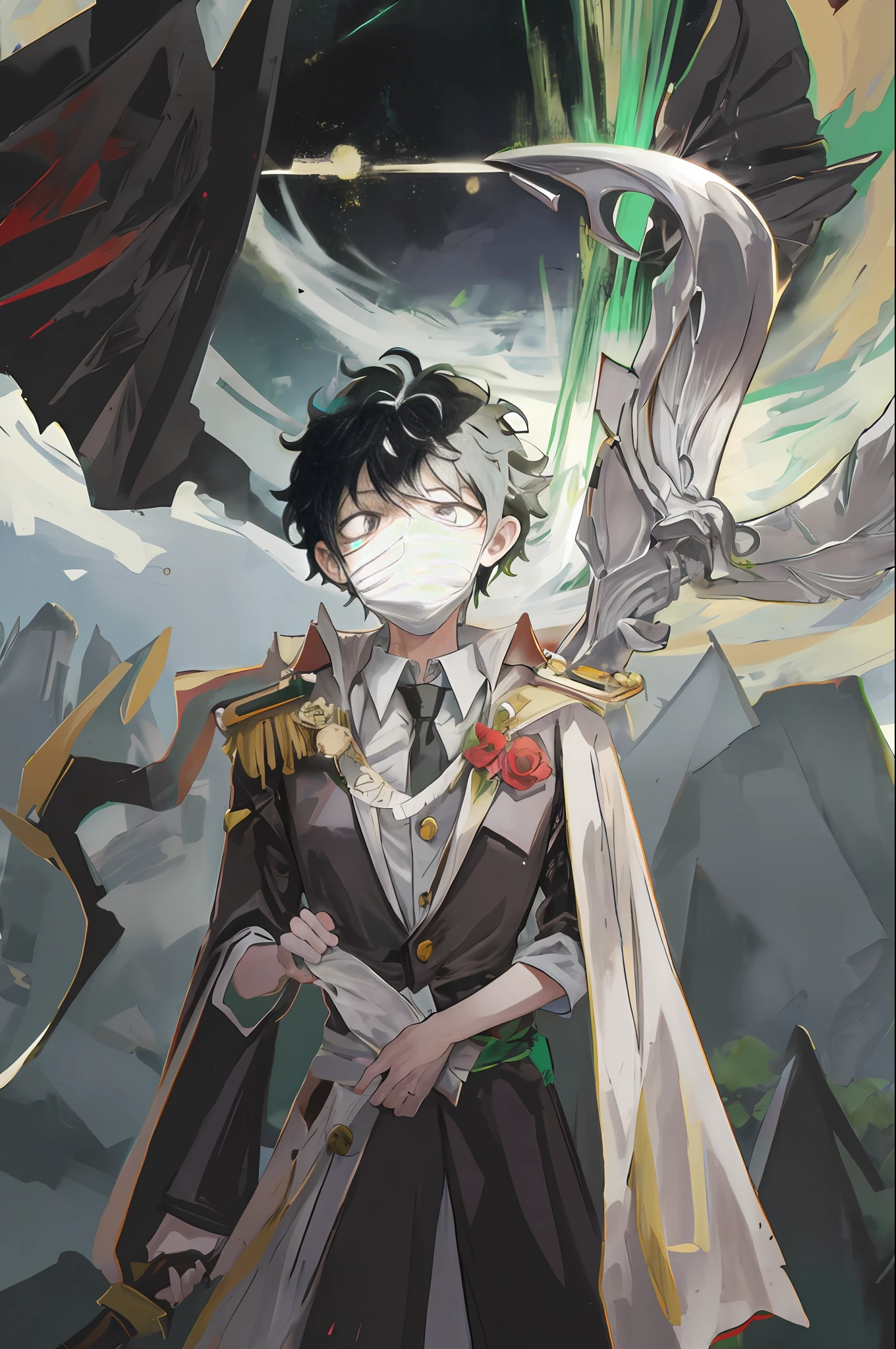 Izuku Midoriya stands atop a hill of gravestones, cloaked in a dark robe and a plague doctor's mask, a scythe in one hand and a crimson moon in the other.