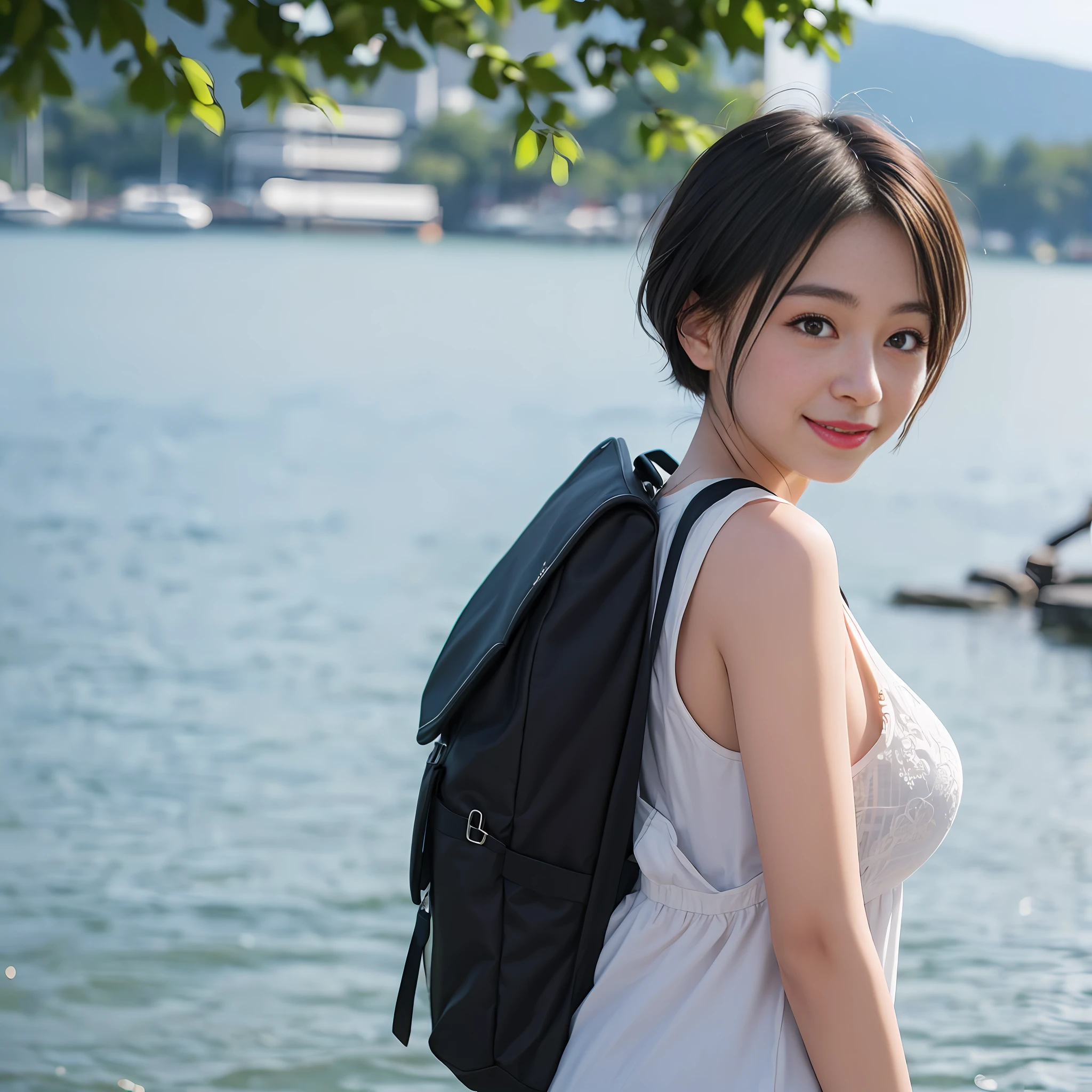 1 girl, lakeside, back, close-up, smile, (8k, RAW photo, top quality, masterpiece: 1.2), (realistic, photoreal: 1.40), short hair, Japan, backpack, big breasts, baseball hat