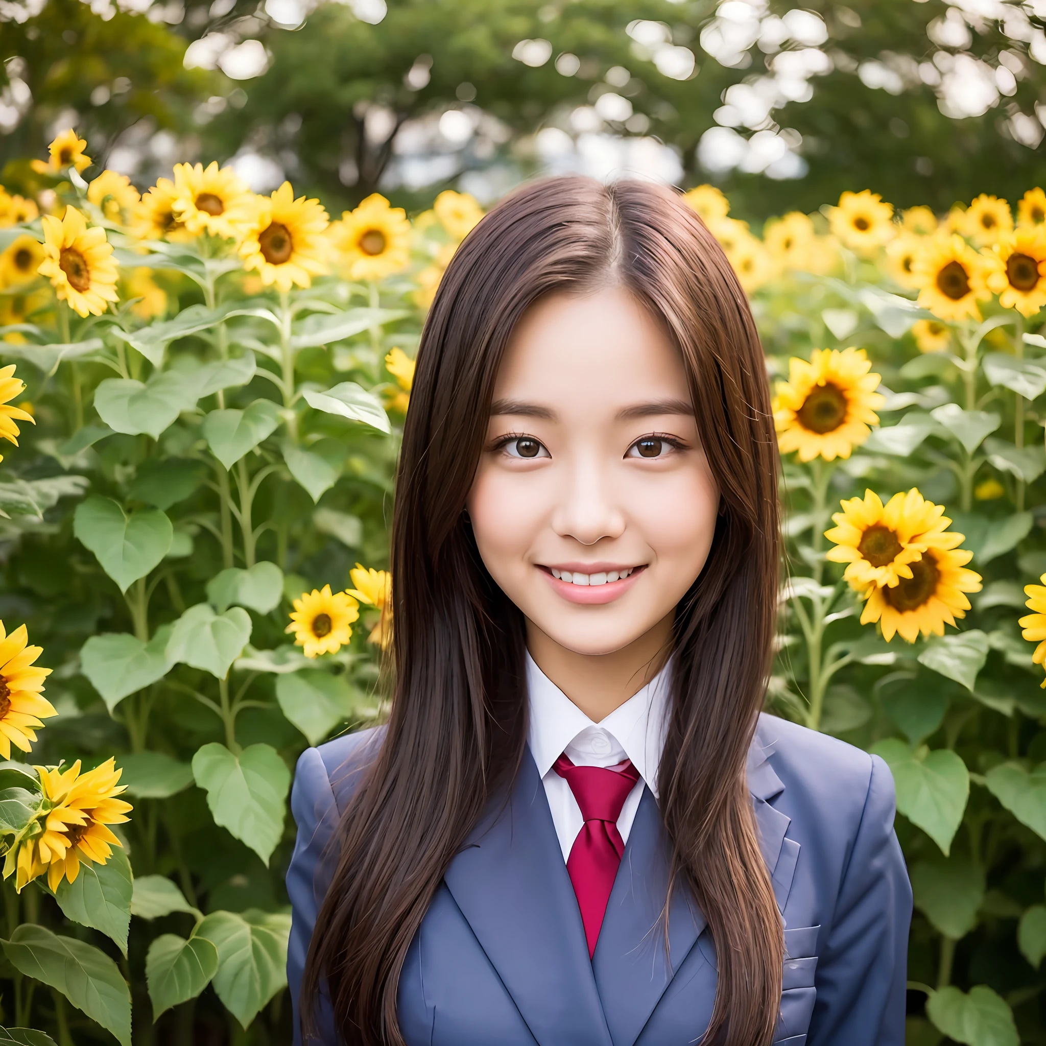 Photos taken by professional photographers, realistic photos, realistic skin texture, portrait of Japan high school girl in uniform, beautiful girl, the background is a sunflower field in full bloom and a beautiful blue sky, round face, healthy skin tone, real and beautiful skin with pores, maroon short cut with a little wave, thick natural eyebrows, dark brown sagging eyes, plump attractive lips, beautiful smile, No makeup, naïve, innocent, innocent, neat