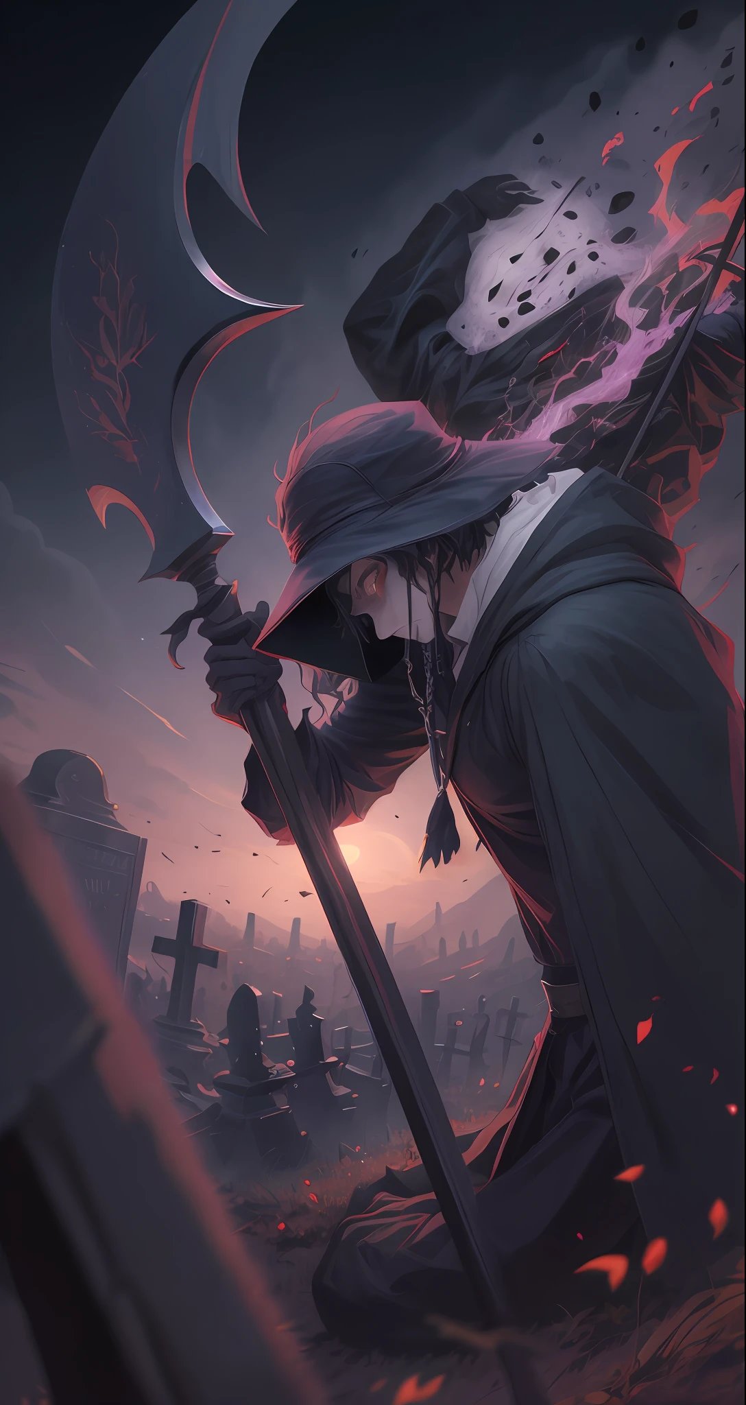 Izuku Midoriya as the grim reaper wearing plague doctor's clothes wielding a scythe on a cementary under the crimson moonlight