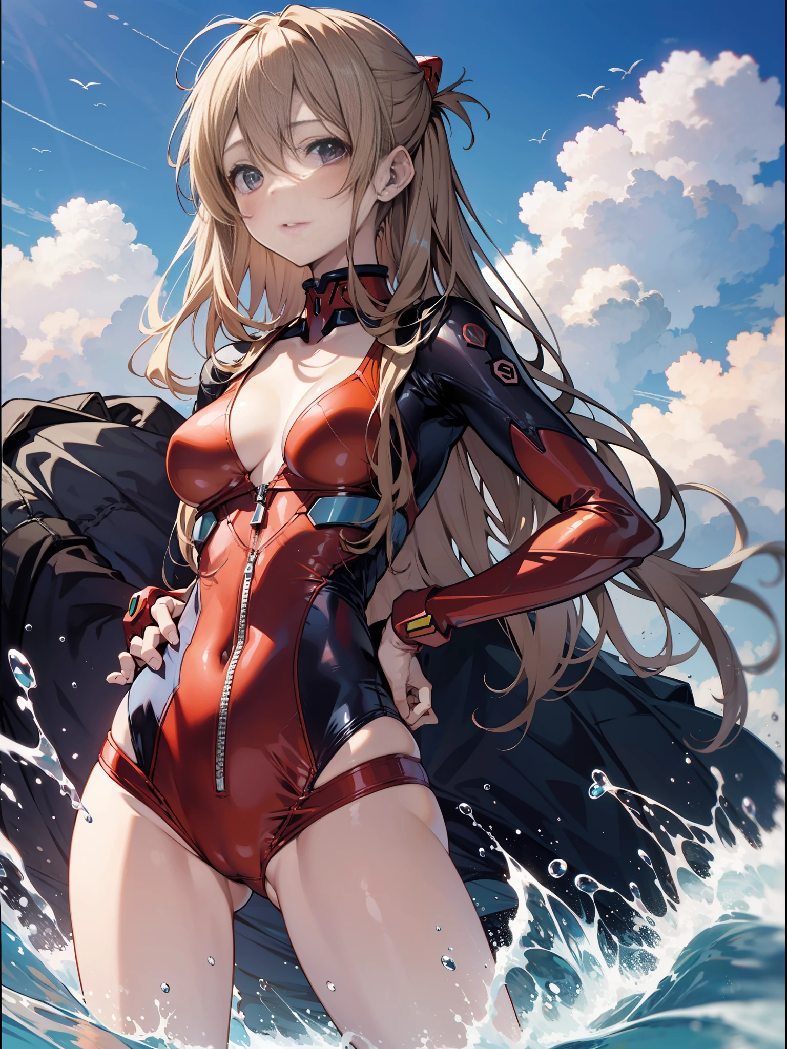 slender beautiful girl, alone, Evangelion, Shikinami Asuka Langley, {red swimsuit}, plug suit, school swimsuit, top quality, fine details, no blush, small breasts, small eyes, blue sky, splashing, pose with hands on hips