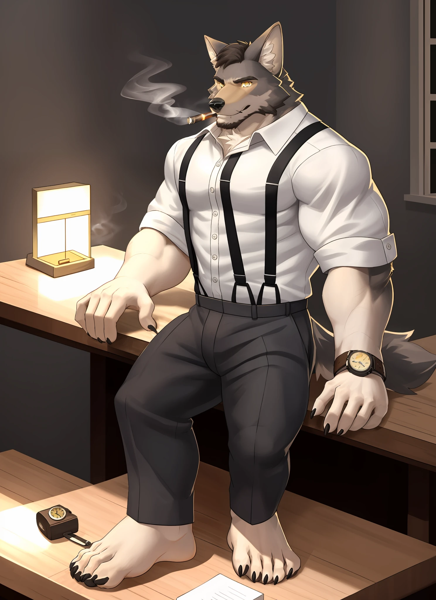 William Adler, solo, shirt, 1boy, white shirt, upper body, male focus, collared shirt, pants, look to the side, suspenders, pectoral muscles, sleeves rolled up, watch, watch, wolf ears, beard, yellow eyes, detailed eyes, bare feet, feet on table, soles of feet, paws can be seen, smoking a cigarette