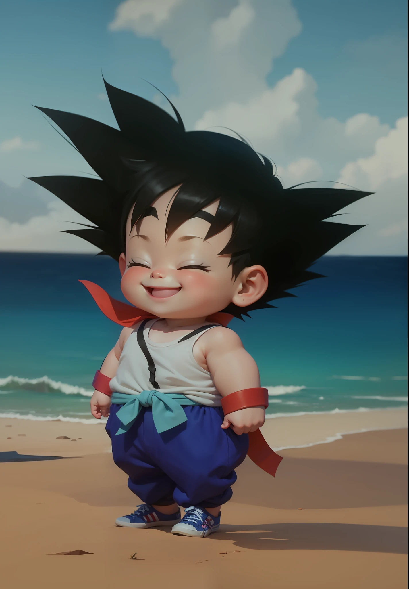 ??? Goku, black-haired child, white tank top, blue pants, black sneakers, blue belt at the waist, red bracelets on the wrists, smiling, unreal engine 5.8k.