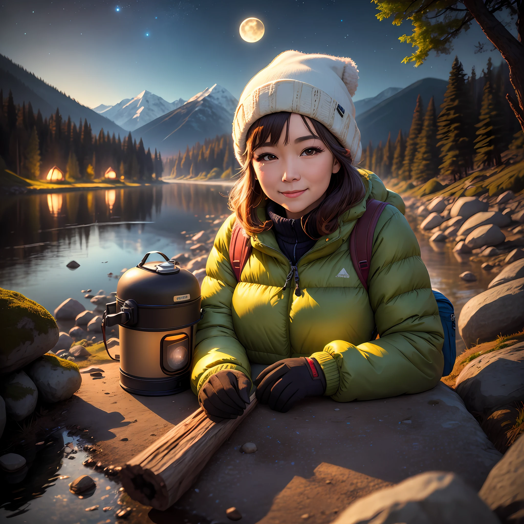 1 woman ((upper body selfie, happy)), masterpiece, best quality, ultra-detailed, ground, outdoor, (night), mountains, nature, (stars, moon) cheerful, happy, backpack, bag sleeping bag, camping stove, water bottle, mountain boots, gloves, sweater, hat, lantern, forest, rocks, river, wood, smoke, shadows, contrast, clear sky, style, (warm hue, warm tone): 1.2), close-up, cinematic light, side lighting, ultra high resolution, best shadow, RAW, upper body, old man, wearing pullover