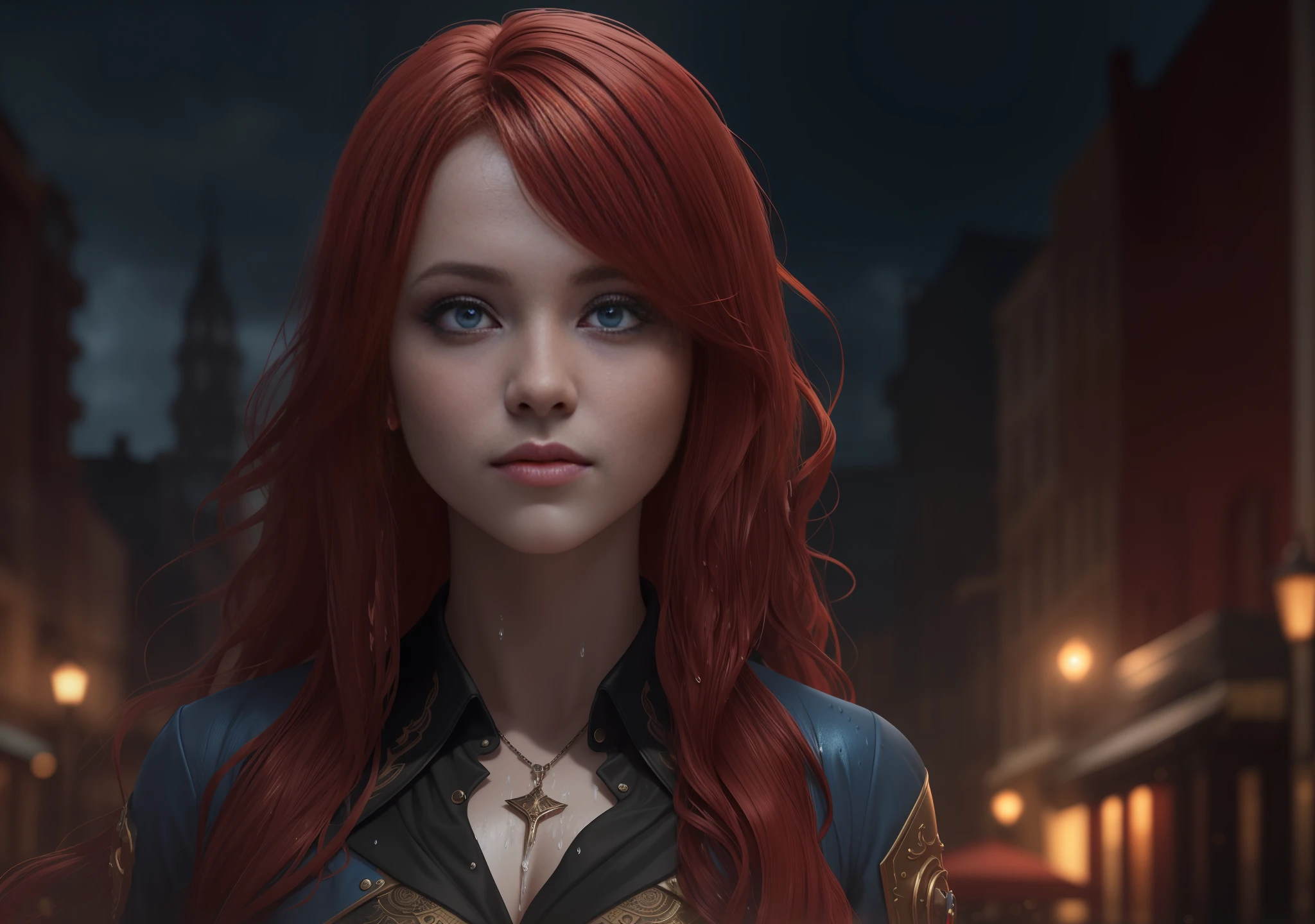 (best quality:1.0), (ultra highres:1.0), (masterpiece:1.0), (full body), (long red hair), (best quality:1.4), (ultra highres:1.2), (photorealistic: 1.4), 8k resolution, Canon EOS R5,s, (glossy skin1.15), (8k, RAW photo, photorealistic: 1.25) (blue eyes), (long red hair), (realistic photo: 1.3), (high detailed skin: 1.2), 8k uhd, Dslr, Soft lighting, (eyes full of life), Unreal Engine 5,  8k wallpaper of extremely detailed CG unit, (best HDR), ultra realistic pupil, realistic eyebrow, ulzzang-6500-v1.1, 3D, (best ray tracing in an image) portrait photography portrait photography, beautiful young steampunk woman with transparent western tunic dress, soaked, eyes visible through hair, red inner hair, proper eye position, natural skin, backlight,  cinematic light, rim light, soft light, hips, at night, city side background, graduated color detailed background, intricate, highly detailed, octane render, HD, 8k,