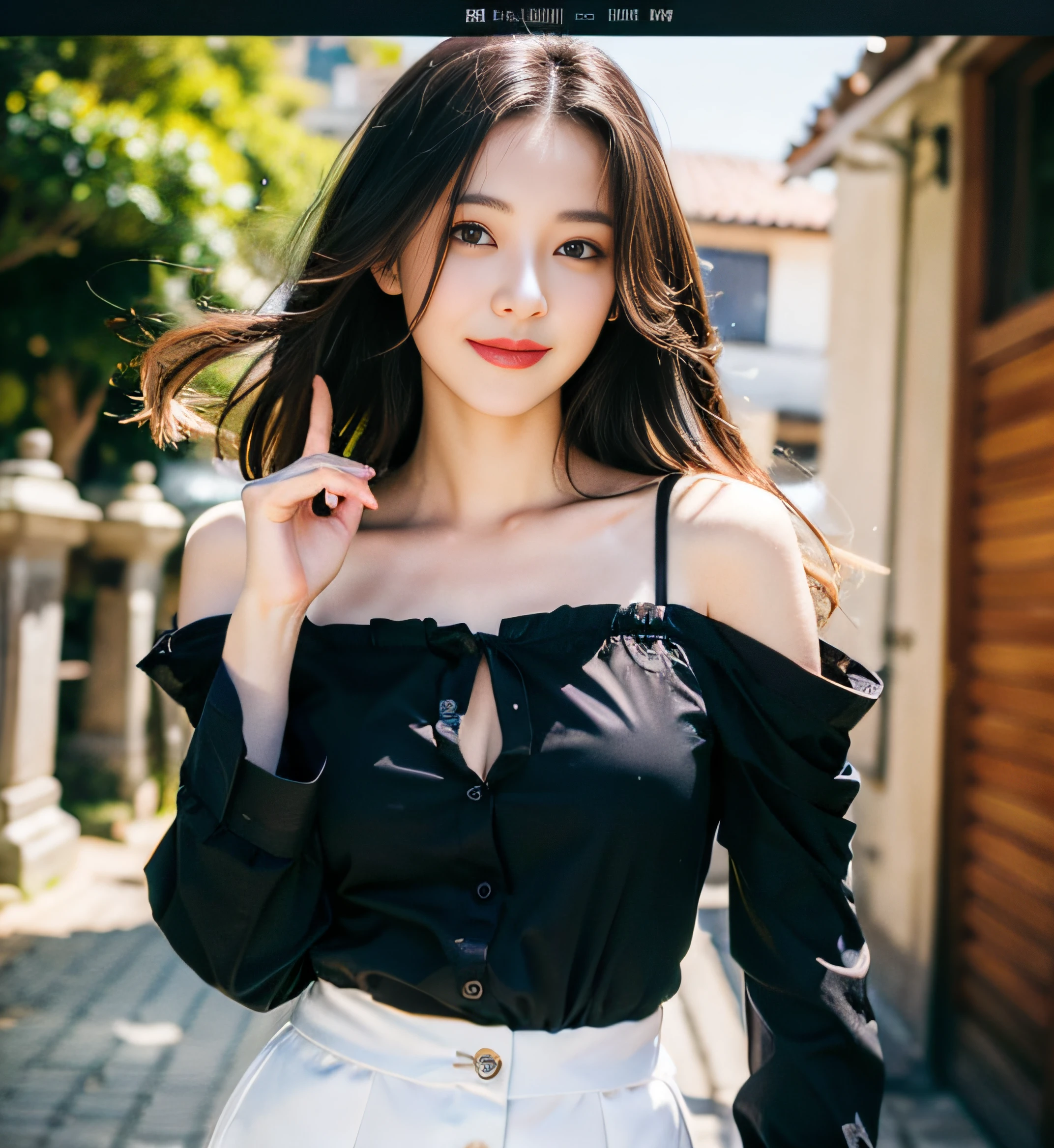 (8k, RAW photo:1.2),Top quality, super high resolution, lots of, big eyes, slender waist, lovely smile, 8k, very fine face, delicate lips, delicate eyes, double eyelids, long black hair, black hair, 8k, outdoor, lovely eyes