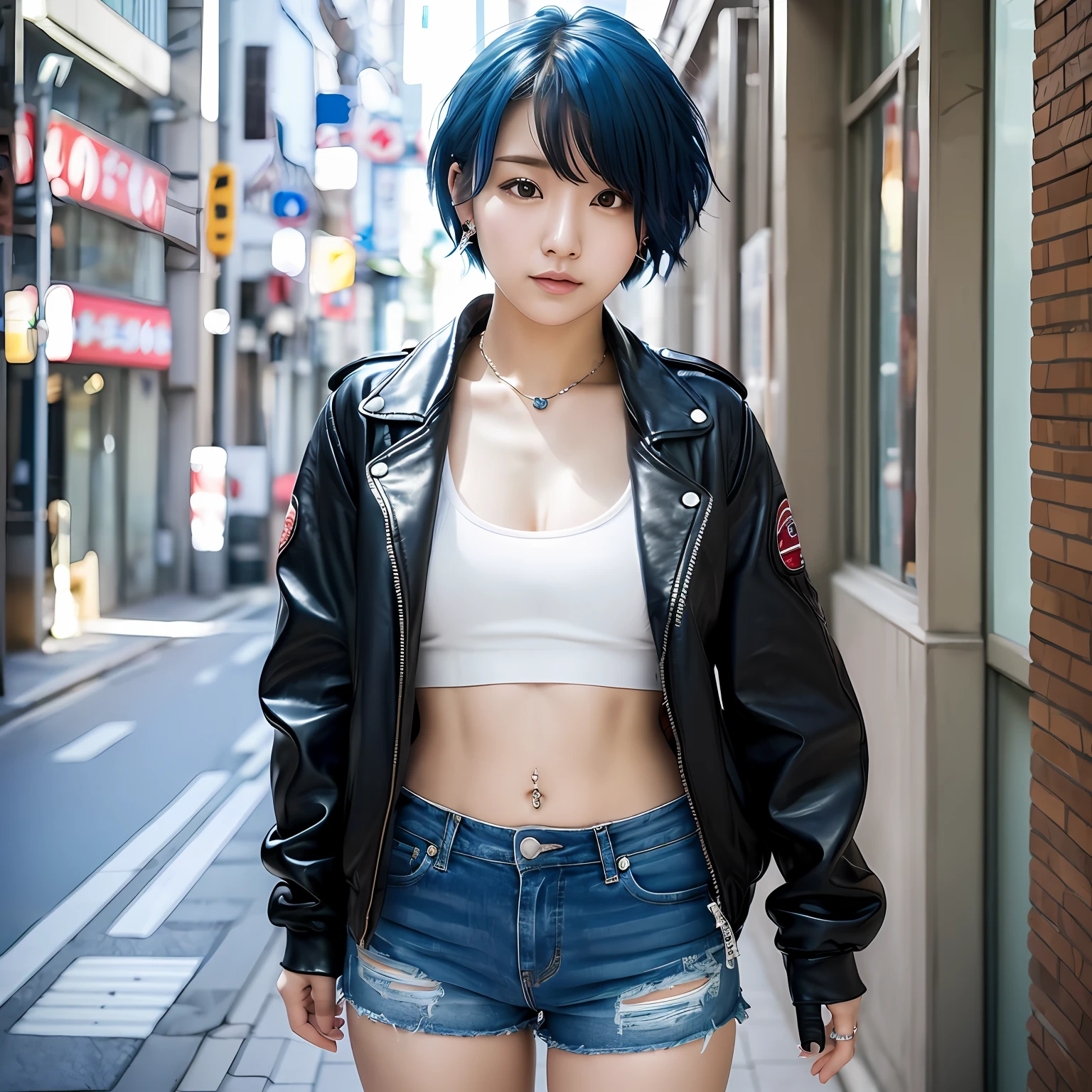 Masterpiece,8k, perfect face highly detailed,HDR, ultra realistic photoshoot, absurdres,award winning photo, extremely detailed, amazing, fine detail, 
KazAsuka, Japanese woman, blue crop top, big breasts, denim jacket and minishorts, short black hair, MMA gloves, posing for a picture, in the streets of Osaka --auto