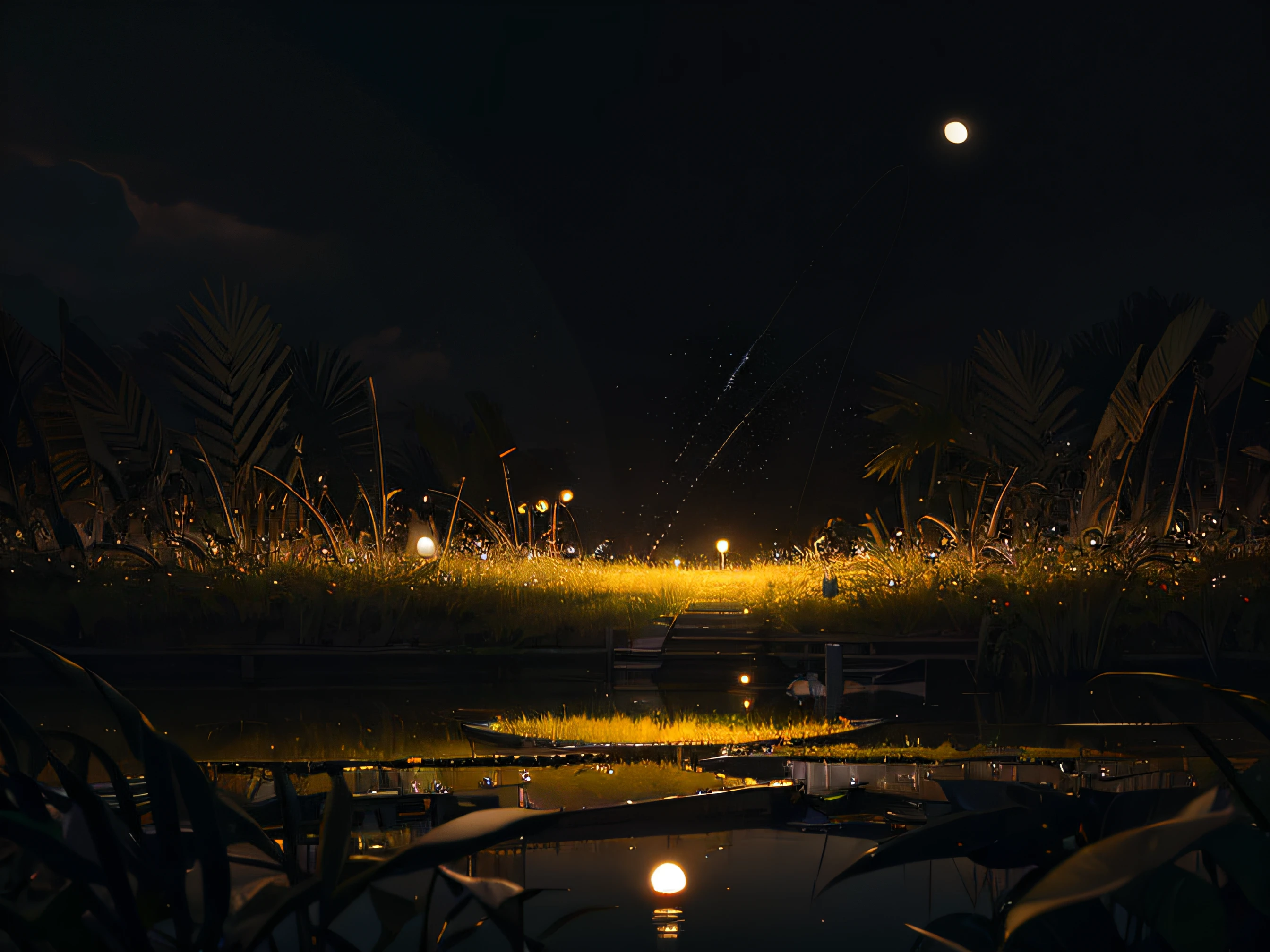 Wallpaper, summer pond, pond, fish, boat, night moon, reeds, pond background, cloud, depth of field, hot weather, HD detail, high contrast, hyperdetail, realistic photo, 16k, surrealism, soft light, deep field focus bokeh, ray tracing, diffuse (ultra-fine glass reflection) and surrealism. --v6