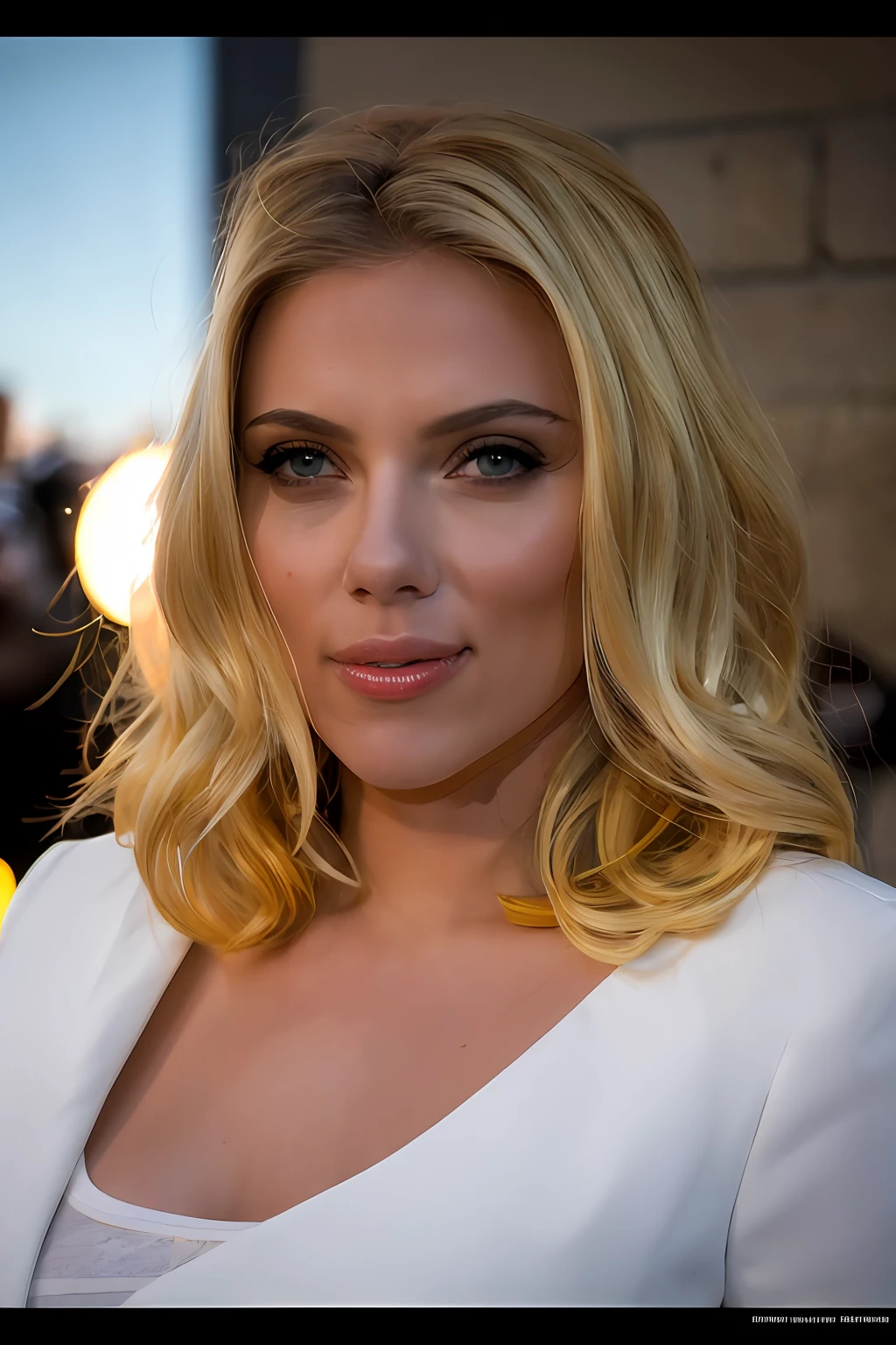 (8k, RAW photo, best quality, highres: 1.2), (realistic, photorealistic: 1.37), 1girl, Scarlett, lips, ((lips separated)), soft hair, light smile, seductive eyes, (upper body: 1.3), looking at the viewer, beauty mark, big breasts. large neckline (eye focus, 135mm lens, F/1.8, lens flare),