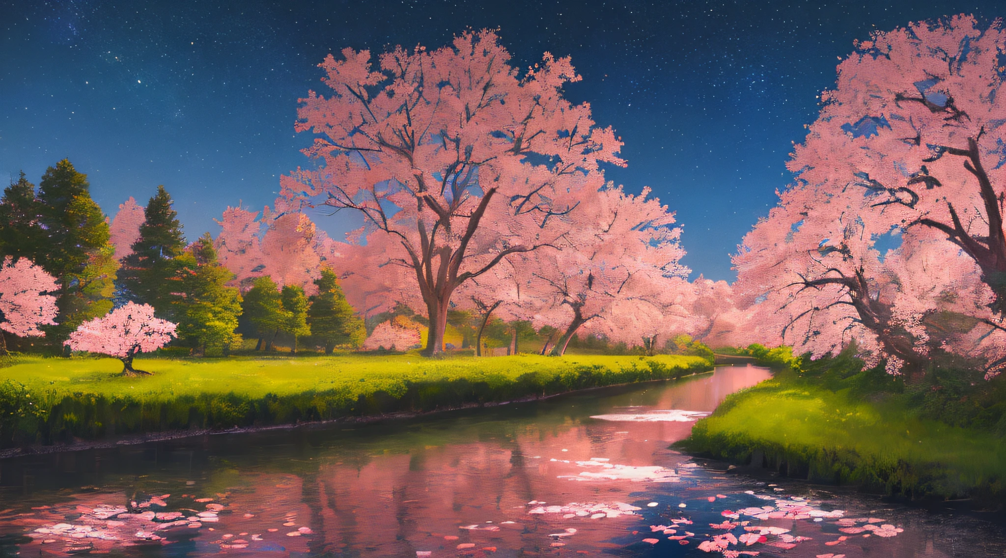 (best quality, masterpiece), (night sky, river behind, huge old trees behind, pink petals falling behind,)
