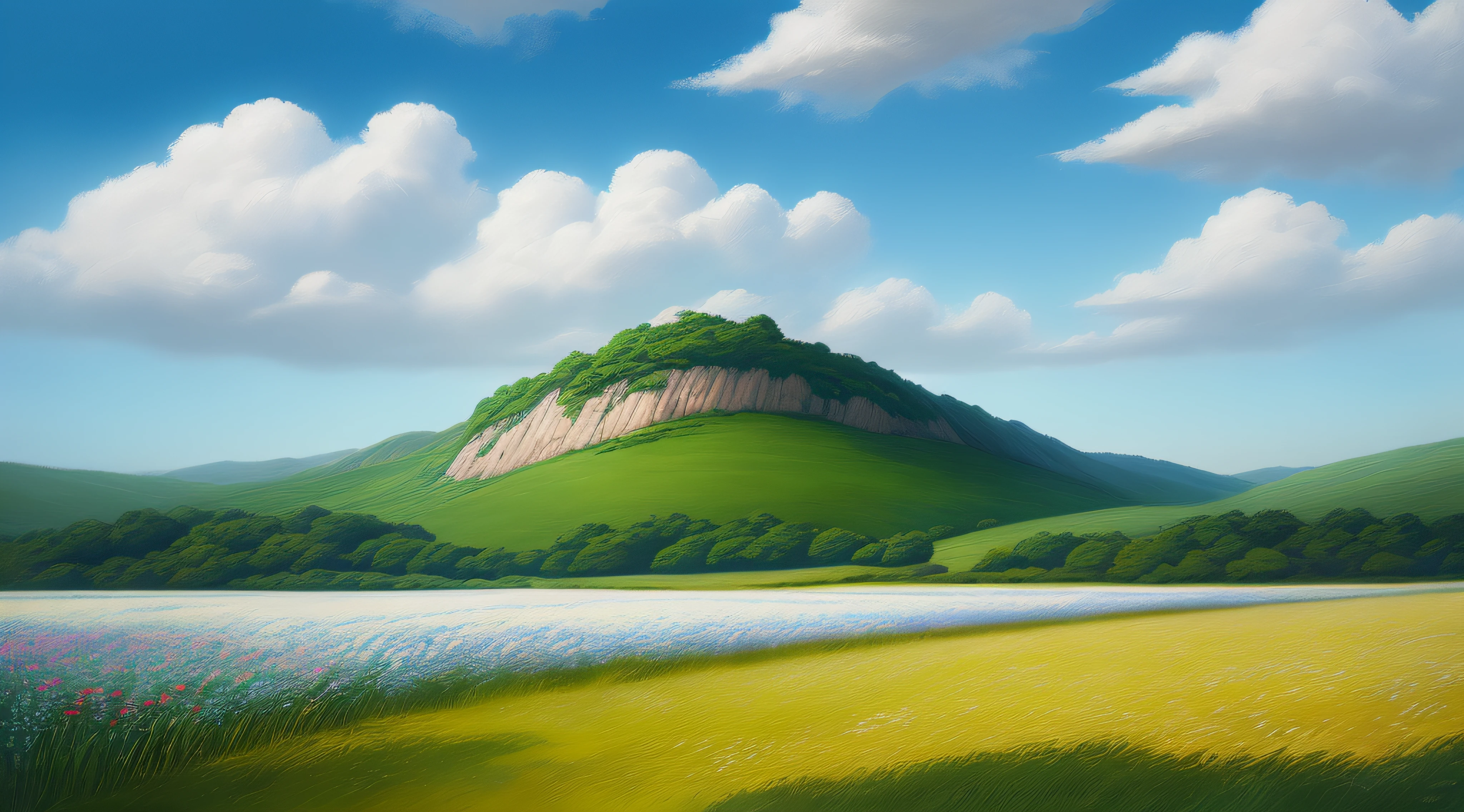 Realistic, authentic, beautiful and amazing landscape oil painting Studio Ghibli Hayao Miyazaki's petal grassland with blue sky and white clouds --v6