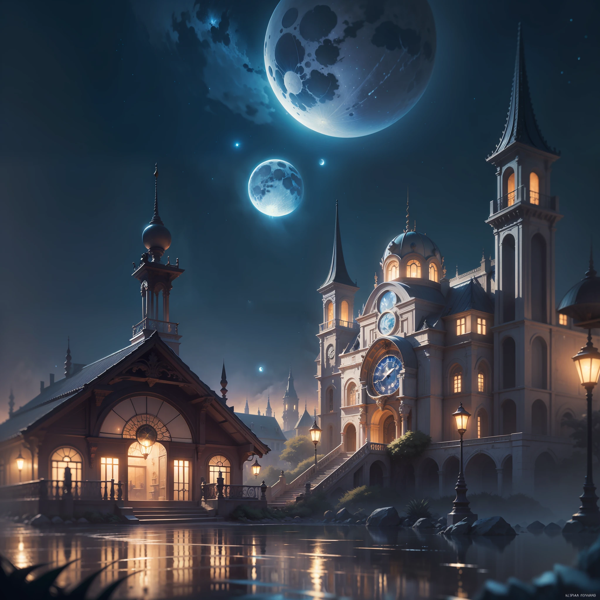 Moon captured in intricate sky, night, detailed fantasy background, hyperdetailed; magic clock town, realism; incredible composition; dynamic lighting; meticulously composed, concept art, indigo, fascinating stars, masterpiece, Splash art, Spanish villa, digital illustration, Salvador Dali, Ferdinand knab, Reflections, cell-shaded, Volumetric lighting, beautiful texture