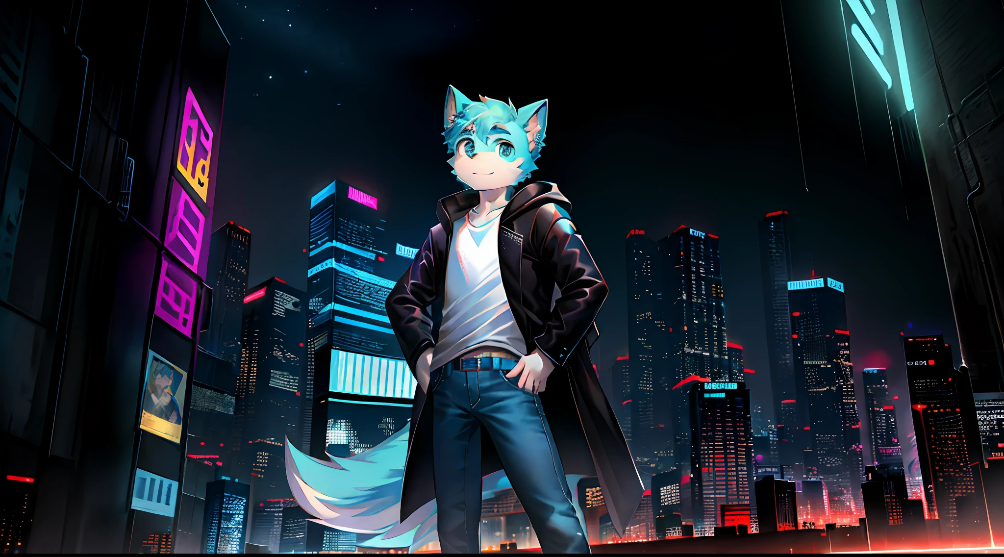 Dog, light blue fur covering the whole body, white t-shirt, black coat, blue jeans, little boy, teenager, pose, night, city, cyberpunk
