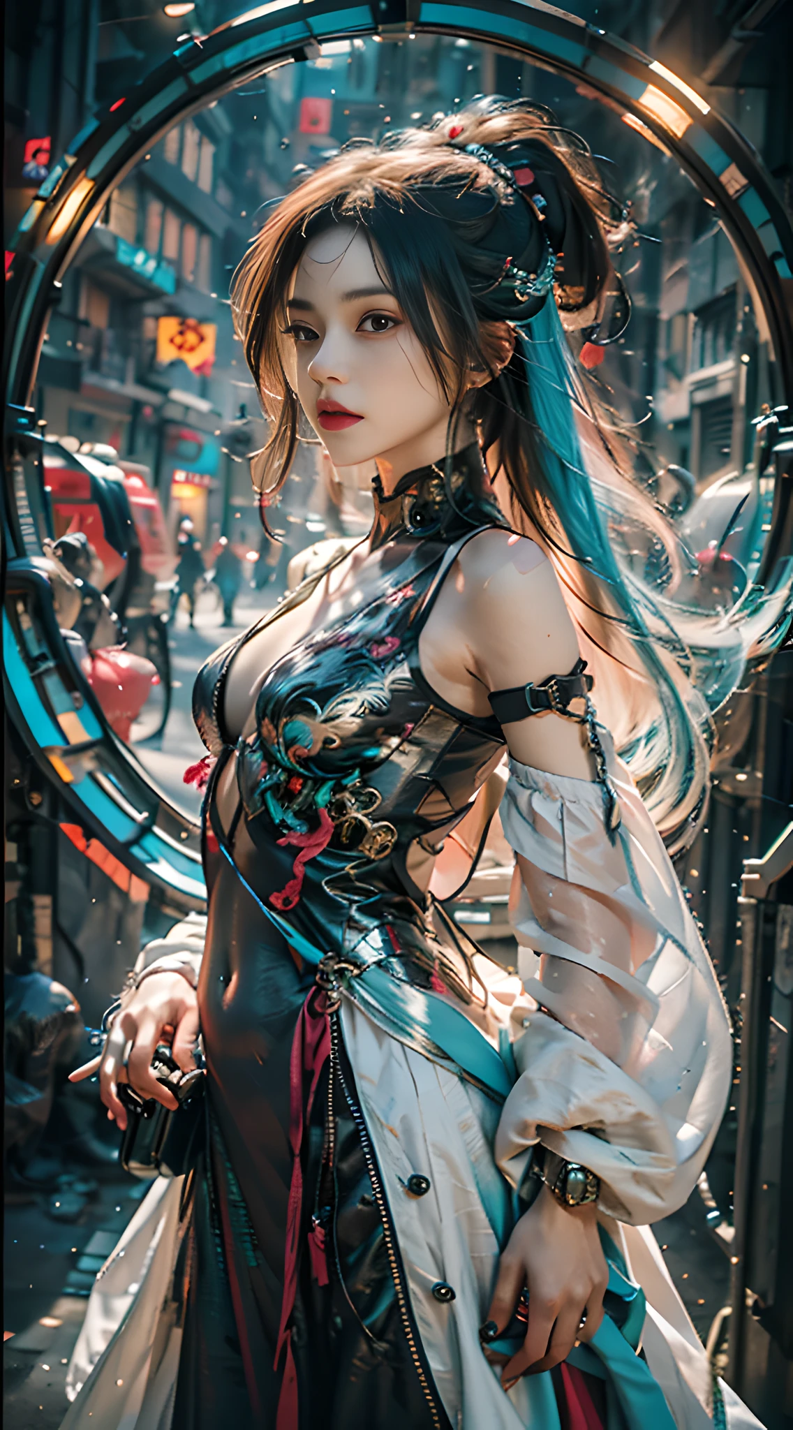 A girl, Dressed in gorgeous cyan Hanfu, Headwear, Stand in the center of the picture, In the background is a cyberpunk wall surrounded by mechanical dragons in a circular circle, Futurism, Conceptual art, chiaroscuro, reflection light, blending, character chart, first-person view, panorama, fisheye, caustics, UHD, masterpiece, ccurate, textured skin, super detail, high details, high quality, highres, 8k