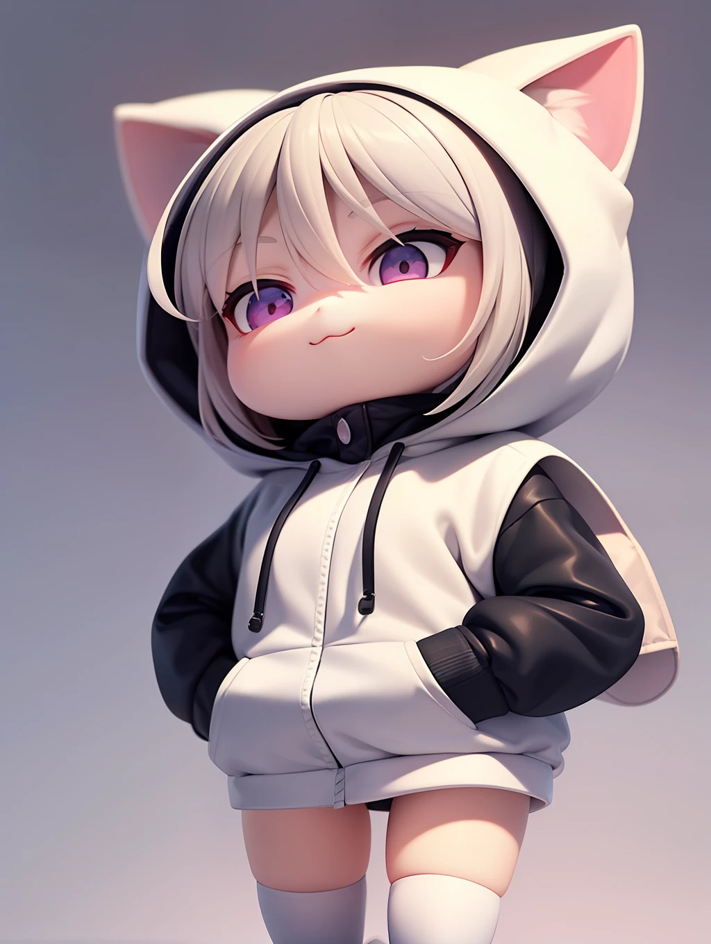 PopMart blind box IP, Chinese zodiac, super cute girl wearing kitty hoodie , technological elements, fashionable clothes, streamlined 3D/C4D production: 8K HD picture quality/lighting/ultra-fine lens depiction 1.5, flawless, chibi background/cinematic sense.