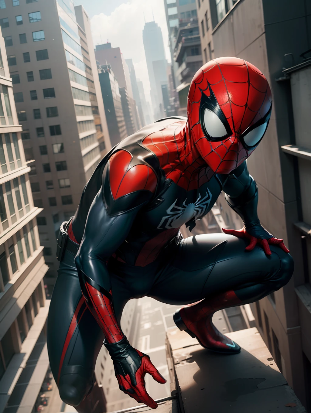 Create an image of Spider-Man's Miles Morales atop a towering building, with a lower camera angle for added impact