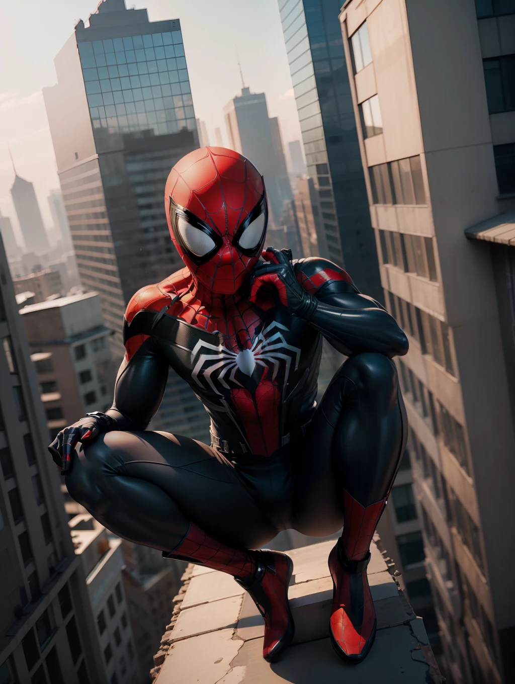Create an image of Spider-Man's Miles Morales atop a towering building, with a lower camera angle for added impact