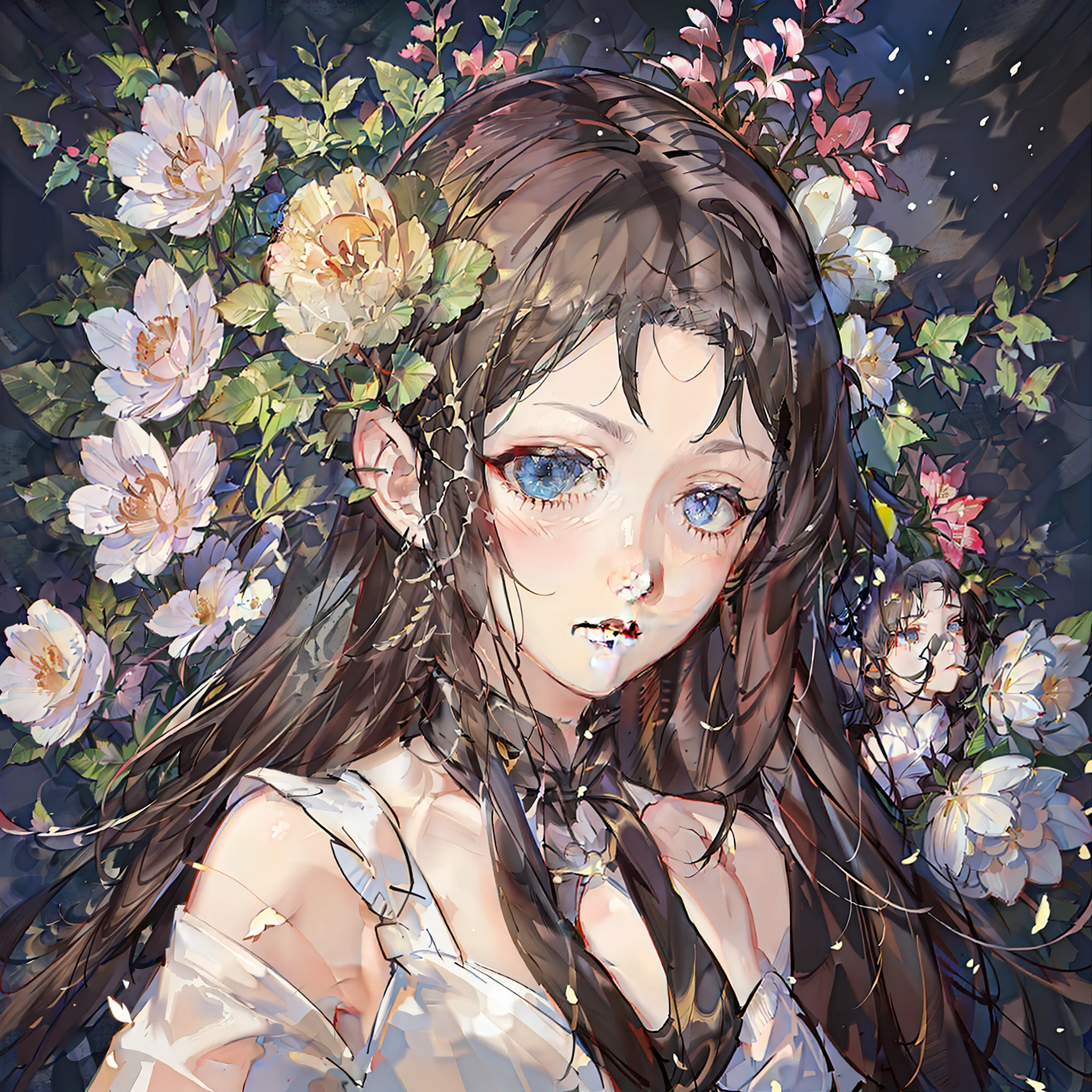 In the center of the image a very beautiful Japanese woman painted in oil in an ultra-realistic way, around her thick brush strokes of expressionist style painting. A mixture of styles that flow beautifully in the image. At the edges of the image precious flowers form a beautiful marker.