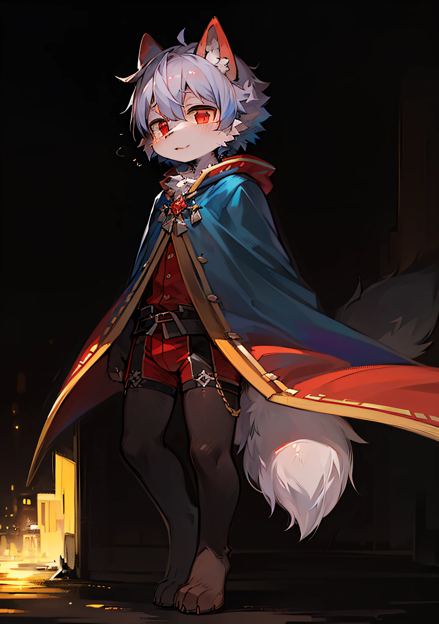 (Dark Environment: 0.8), Masterpiece, High Quality, Abstract Res, Digital Painting\(artwork\), by Dagasi, Yupa, Kiyosan, (Anthro, Fluffy Fur, Character Focus: 1.1), Anthro Male Cat, Short Hair, Portrait , bright eyes, panorama, character focus. (background: 0.7), solo, furry, furry male, male focus, anthr, (full body fur, fluffy tail, white and blue fur, red eyes, gray hair: 1.2), (long canine, cape: 1.2),
