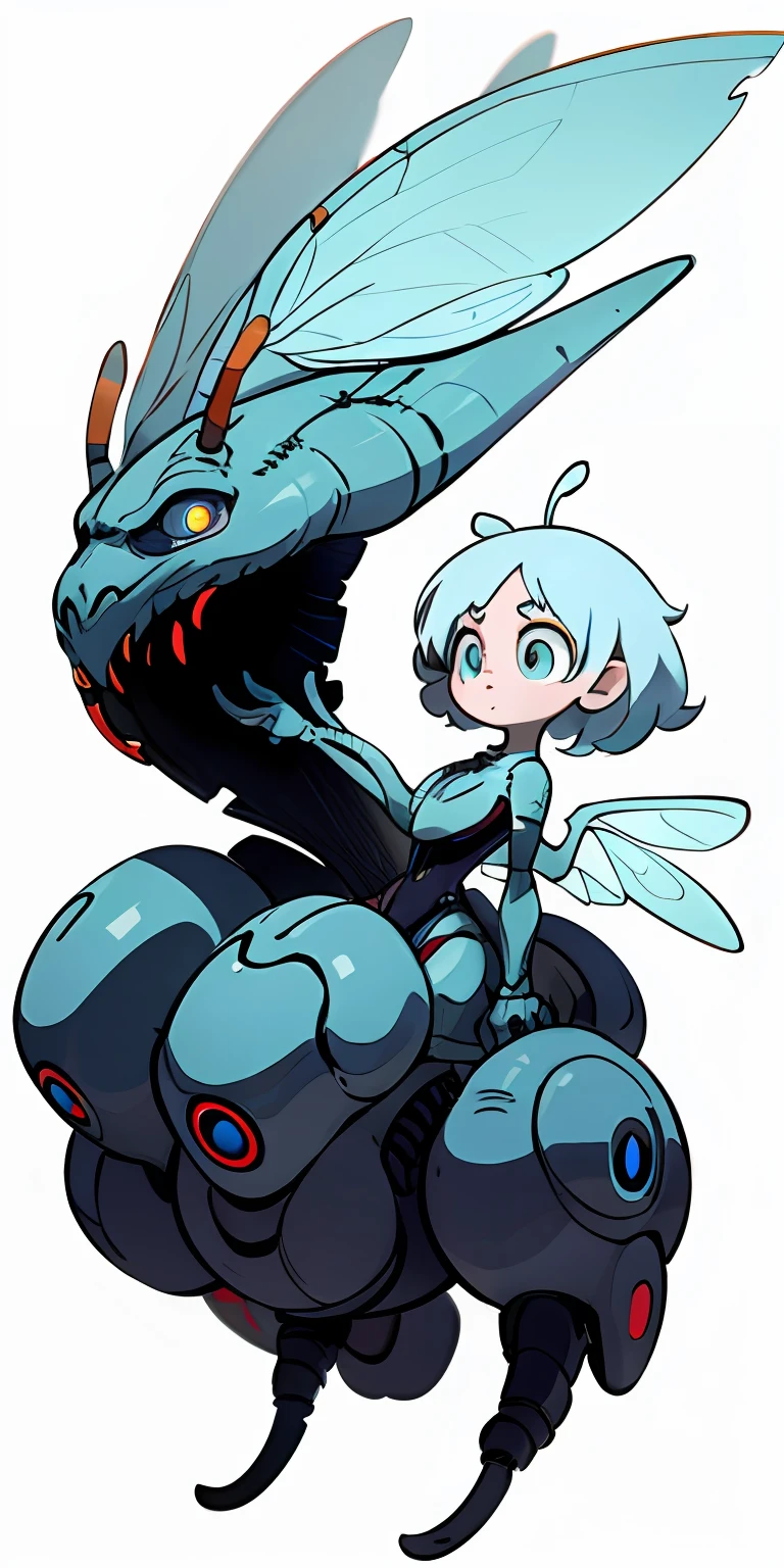 2d illustration, quadruped alien, line art, white background, big eyes, video game character, side view, with insect wings