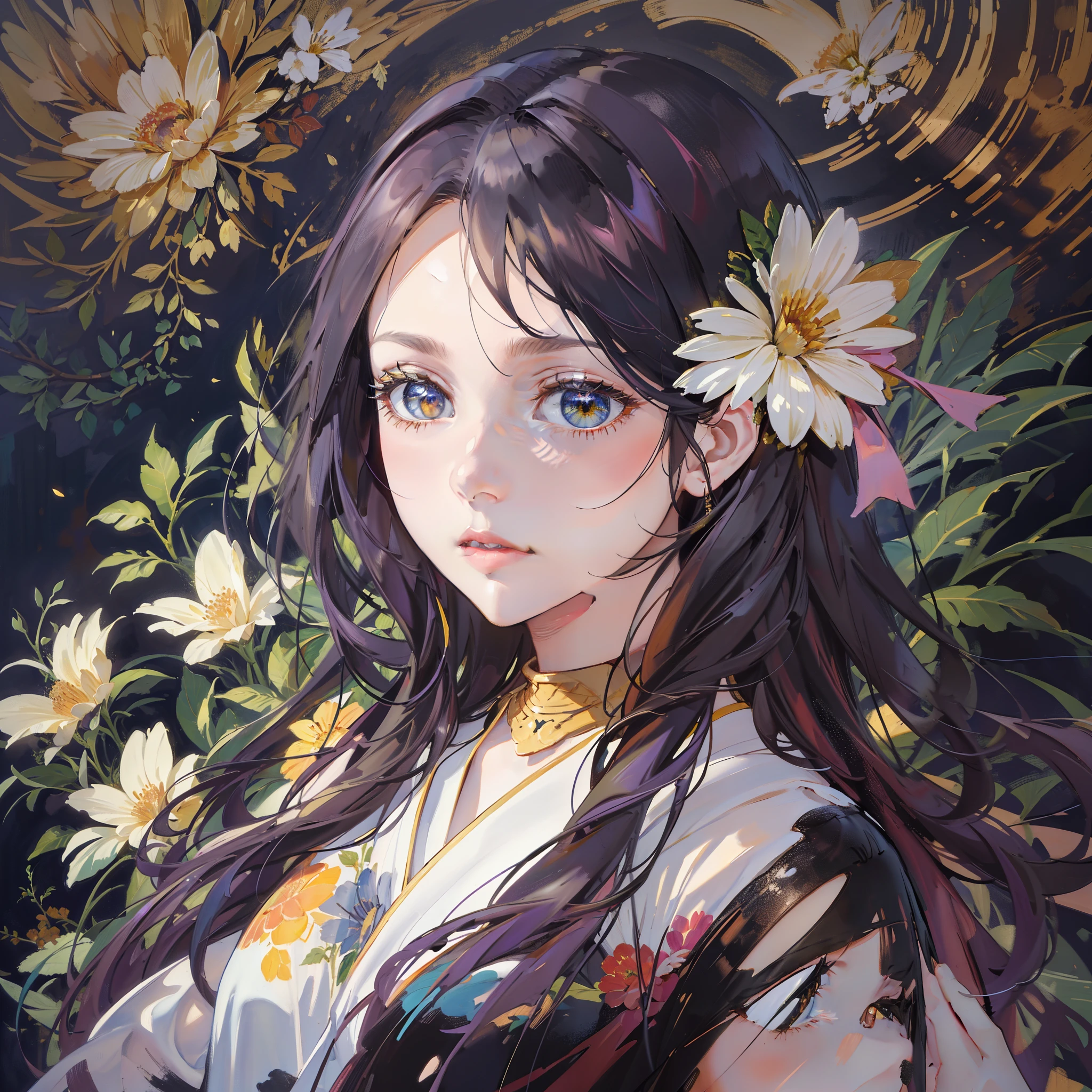 In the center of the image a very beautiful Japanese woman painted in oil in an ultra-realistic way, around her thick brush strokes of expressionist style painting. A mixture of styles that flow beautifully in the image. At the edges of the image precious flowers form a beautiful marker.
