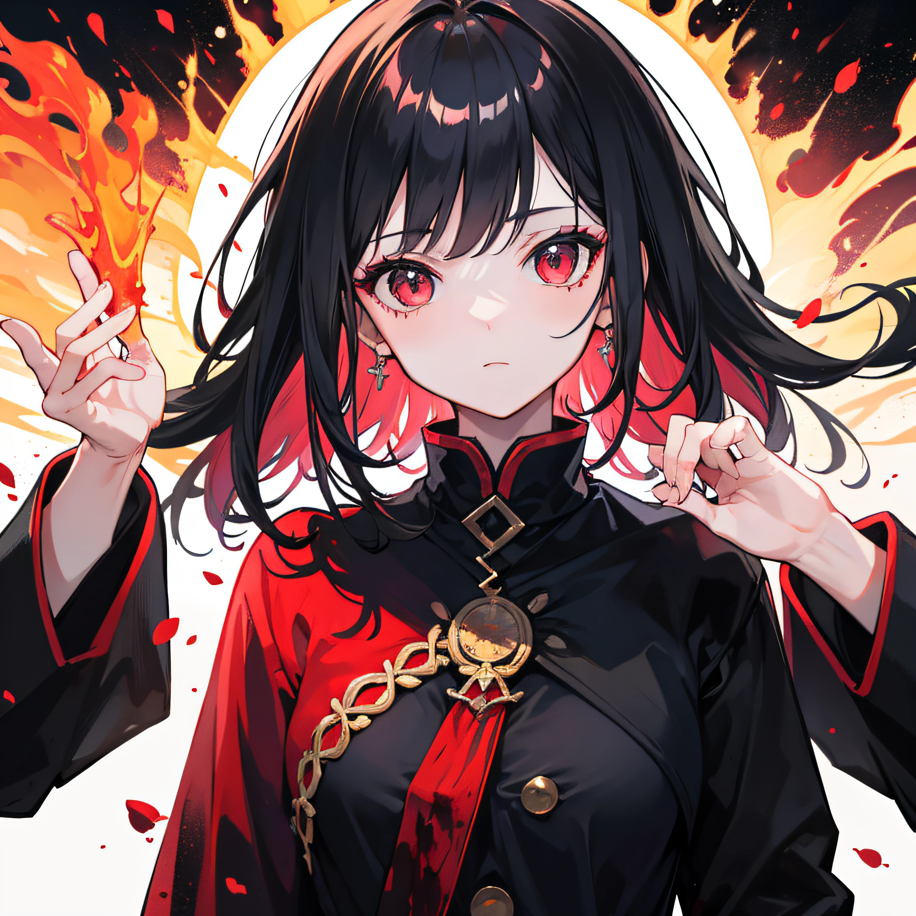 1girl, black hair, red eyes, fire witch, blood, light particles, light rays, wallpaper, high contrast, colorful,