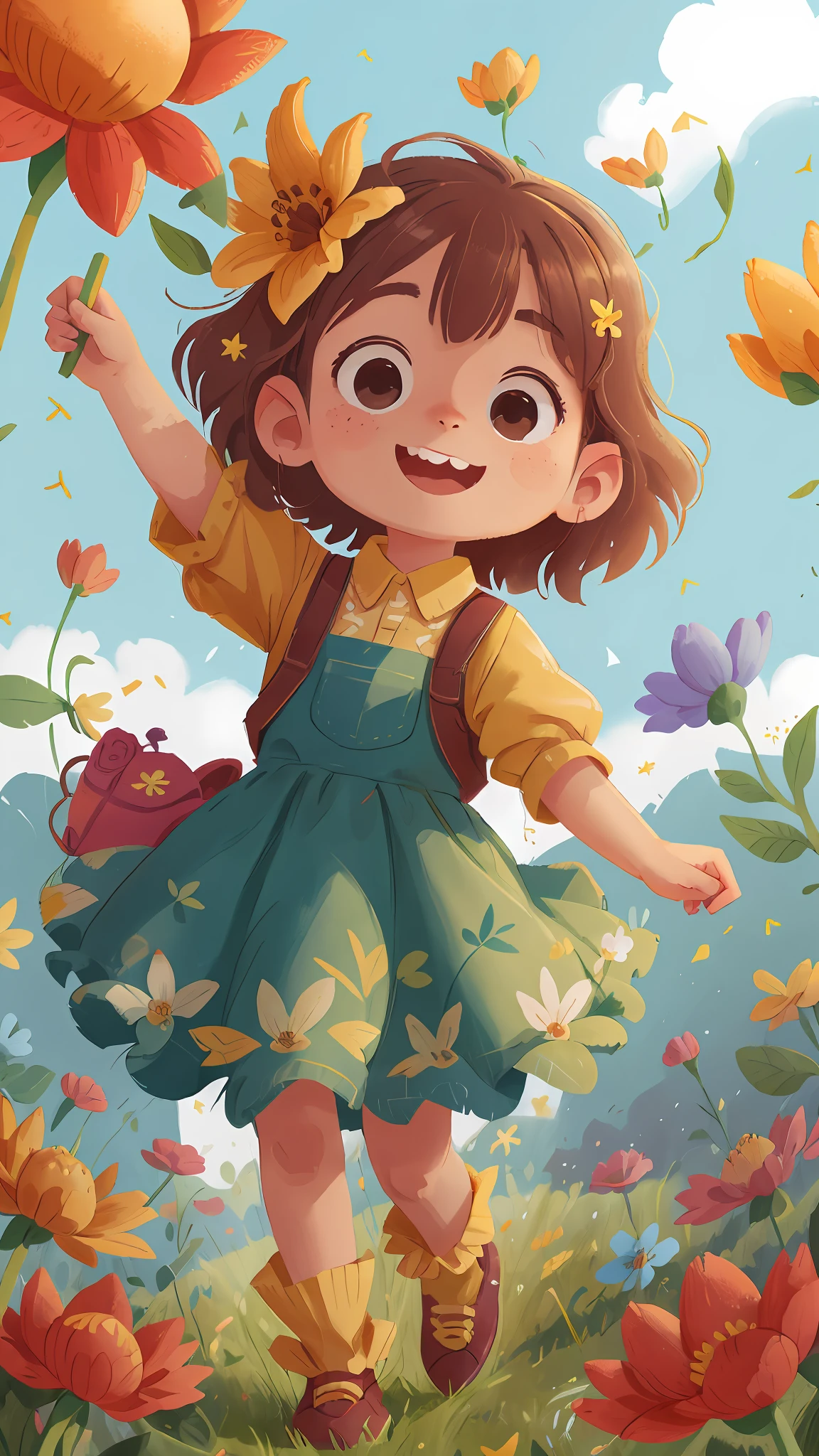 A girl holding colored balloons, floating in the sky, meadow, dancing, holding flowers, happy, funny, perfect quality, clear focus (clutter-home: 0.8), (masterpiece: 1.2) (Realistic: 1.2) (Bokeh) (Best quality) (Detailed skin: 1.3) (Intricate details) (8K) (Detail eyes) (Sharp focus), (Happy)