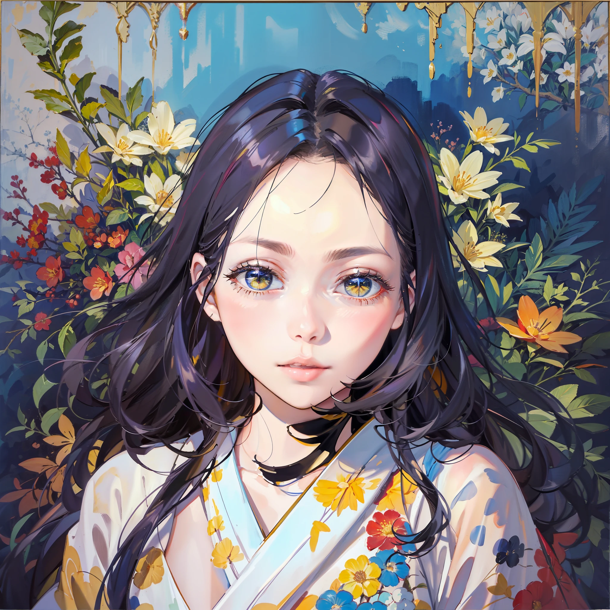 In the center of the image a very beautiful Japanese woman painted in oil in an ultra-realistic way, around her thick brush strokes of expressionist style painting. A mixture of styles that flow beautifully in the image. At the edges of the image precious flowers form a beautiful marker.
