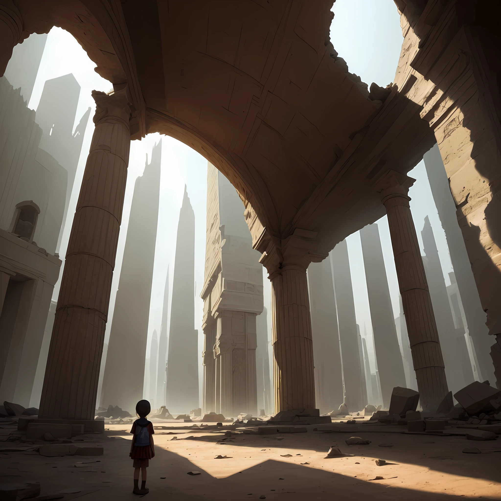 Dystopia, shadow of a little girl in the back of the center, light of hope, girl from the future lost in the world of ancient Egypt, futuristic buildings, ruined world, wide-angle lens, pulling composition --auto
