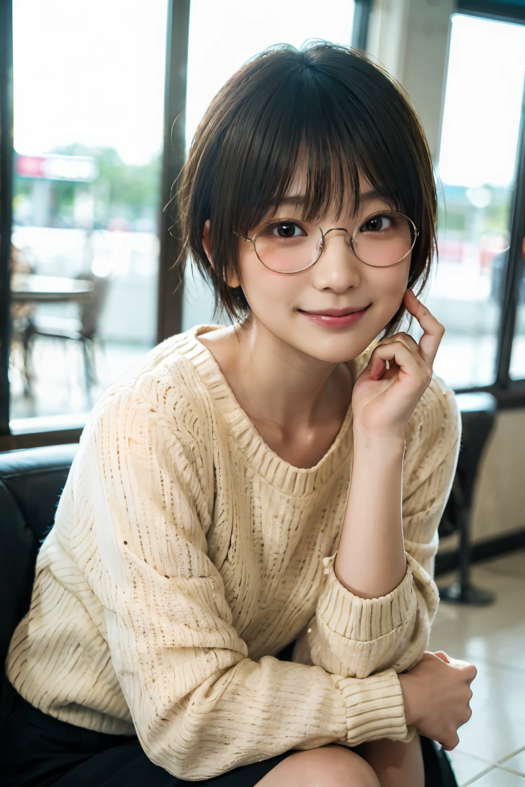 Japan girl in casual clothes in a shopping mall, looking at the viewer, posing with a smile (highest quality, masterpiece))), high resolution, very detailed, masterpiece, cinematic lighting, (8K, highest quality, masterpiece: 1.2), (realistic, photorealistic: 1.37) Hi-Res, Super Detail, 1 Girl, Woman with Glasses, Thin Frame Round Glasses, Light Colored Glasses Frame, asian, cute, cute face, solo, short hair 1.2, texture skin, beautiful smile, beautiful detailed sky, movie lighting, depth of field, lens flare light, sitting, dating, (blushing), (smile: 1.15), small breasts (mouth closed), eyes with beautiful details, (light blue sweater: 1.1), (short hair: 1.2), floating hair Nova Frog style,