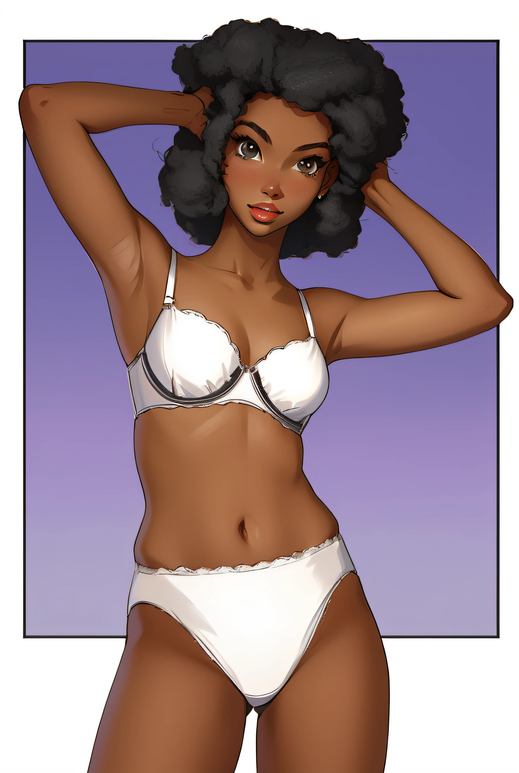 Shapely Black woman with Afro in white cotton bra and white high cut cotton panties, anime art style, intricate details