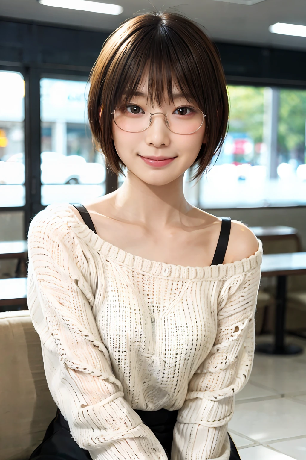 Japan girl in casual clothes in a shopping mall, looking at the viewer, posing with a smile (highest quality, masterpiece))), high resolution, very detailed, masterpiece, cinematic lighting, (8K, highest quality, masterpiece: 1.2), (realistic, photorealistic: 1.37) Hi-Res, Super Detail, 1 Girl, Woman with Glasses, Thin Frame Round Glasses, Light Colored Glasses Frame, asian, cute, cute face, solo, short hair 1.2, texture skin, beautiful smile, beautiful detailed sky, movie lighting, depth of field, lens flare light, sitting, dating, (blushing), (smile: 1.15), small breasts (mouth closed), eyes with beautiful details, (light blue sweater: 1.1), (short hair: 1.2), floating hair Nova Frog style,