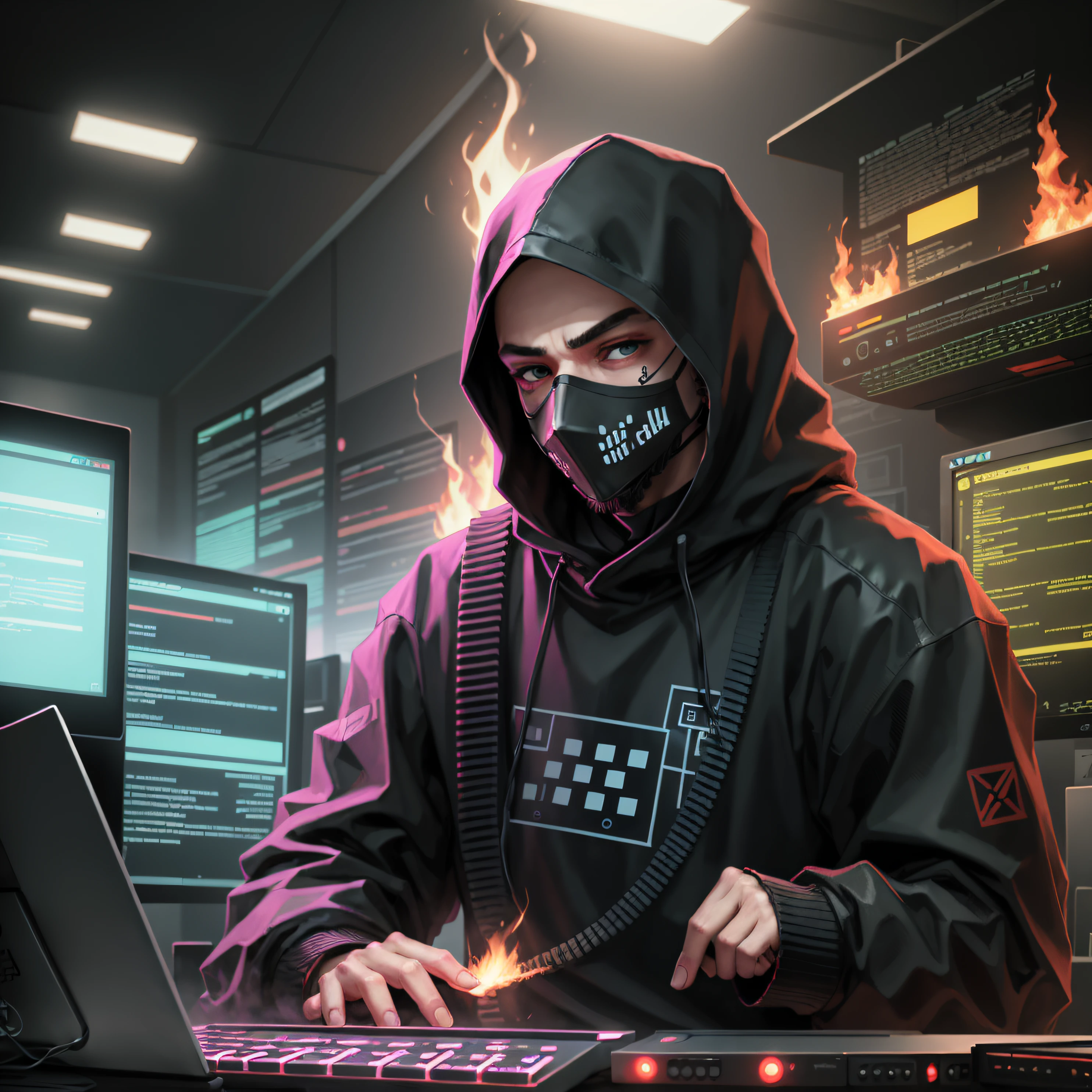 hacker face with a mask on his face dressed in black in the frenzy of the compudador and behind him a lighting of fire --auto --s2