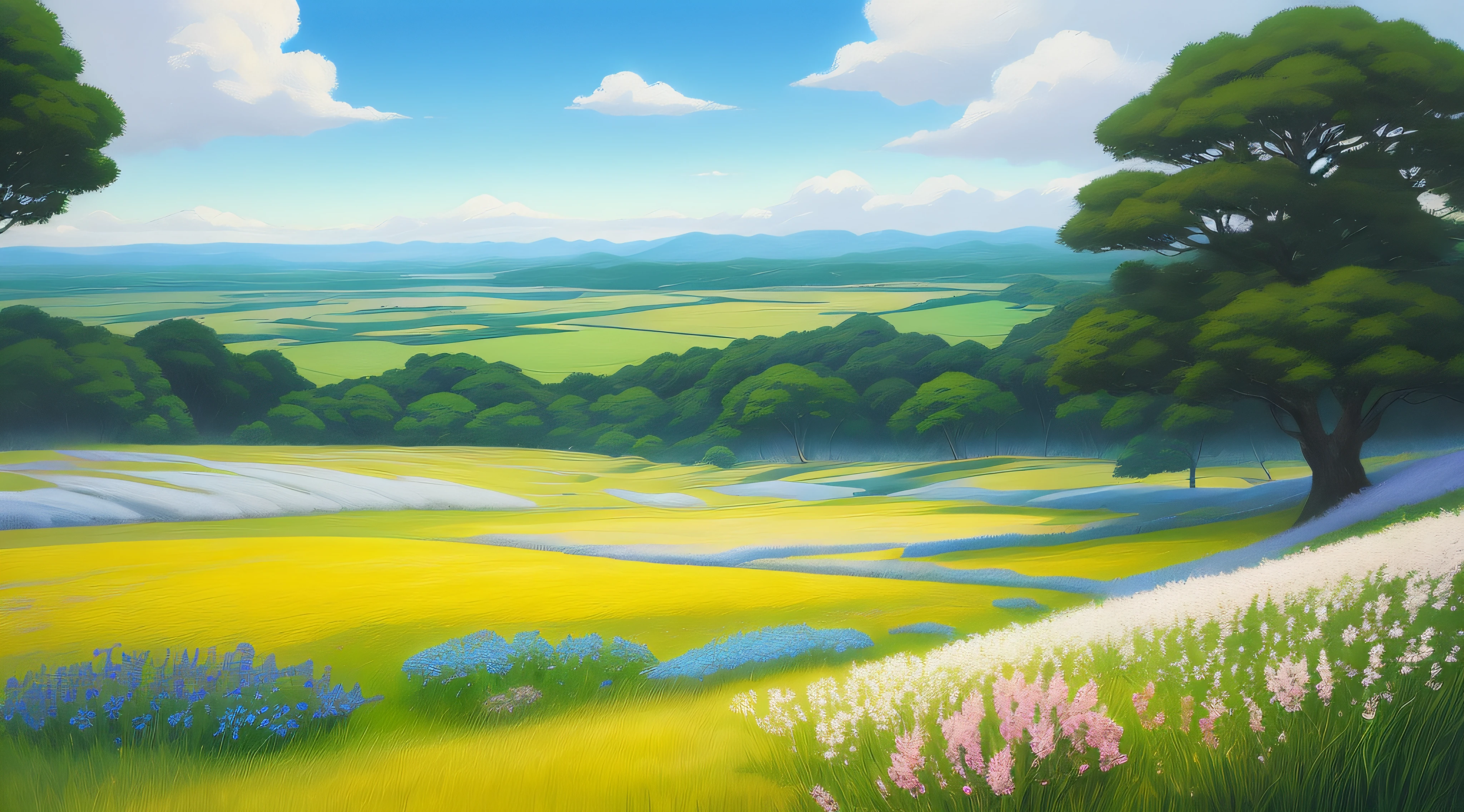 Realistic, authentic, beautiful and amazing landscape oil painting Studio Ghibli Hayao Miyazaki&#39;s petal grassland with blue sky and white clouds --v6