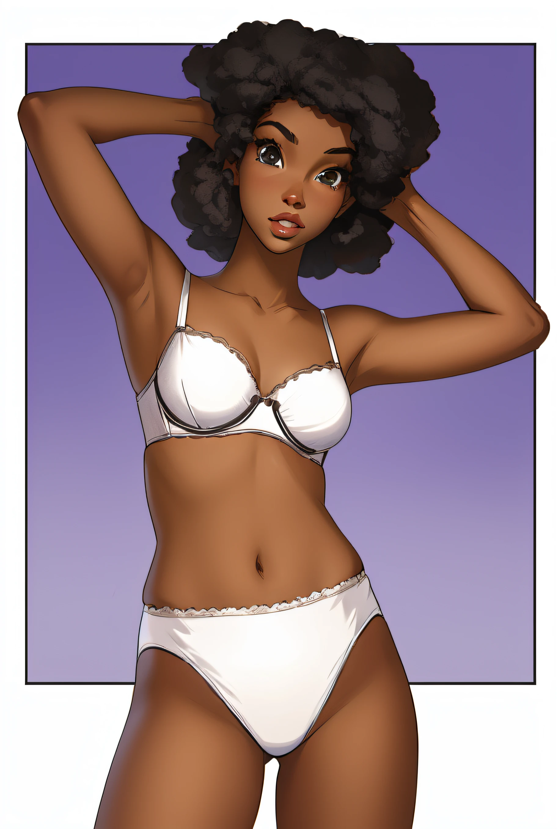 Shapely Black woman with Afro in white cotton bra and white high cut cotton panties, anime art style, intricate details