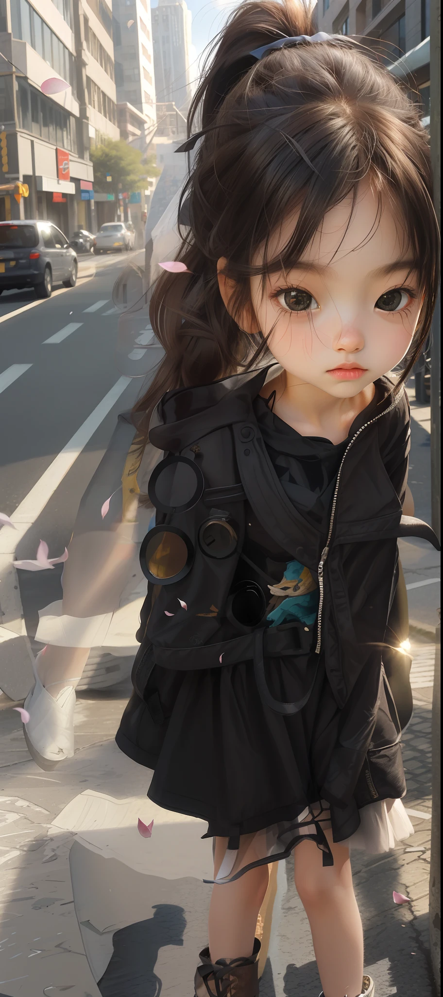 beautiful, (masterpiece:1.2), (best quality:1.2),outdoors, city, street, petals, sunshine, cinematic, drama angle, perfect black eyes, detail black eyes, perfect face, perfect lighting, 1 kid, kid girl, solo, casual clothes, full body, black hair, withe dress, very long hair brown, hair brown, beatiful brown hair, black eyes, ponytail