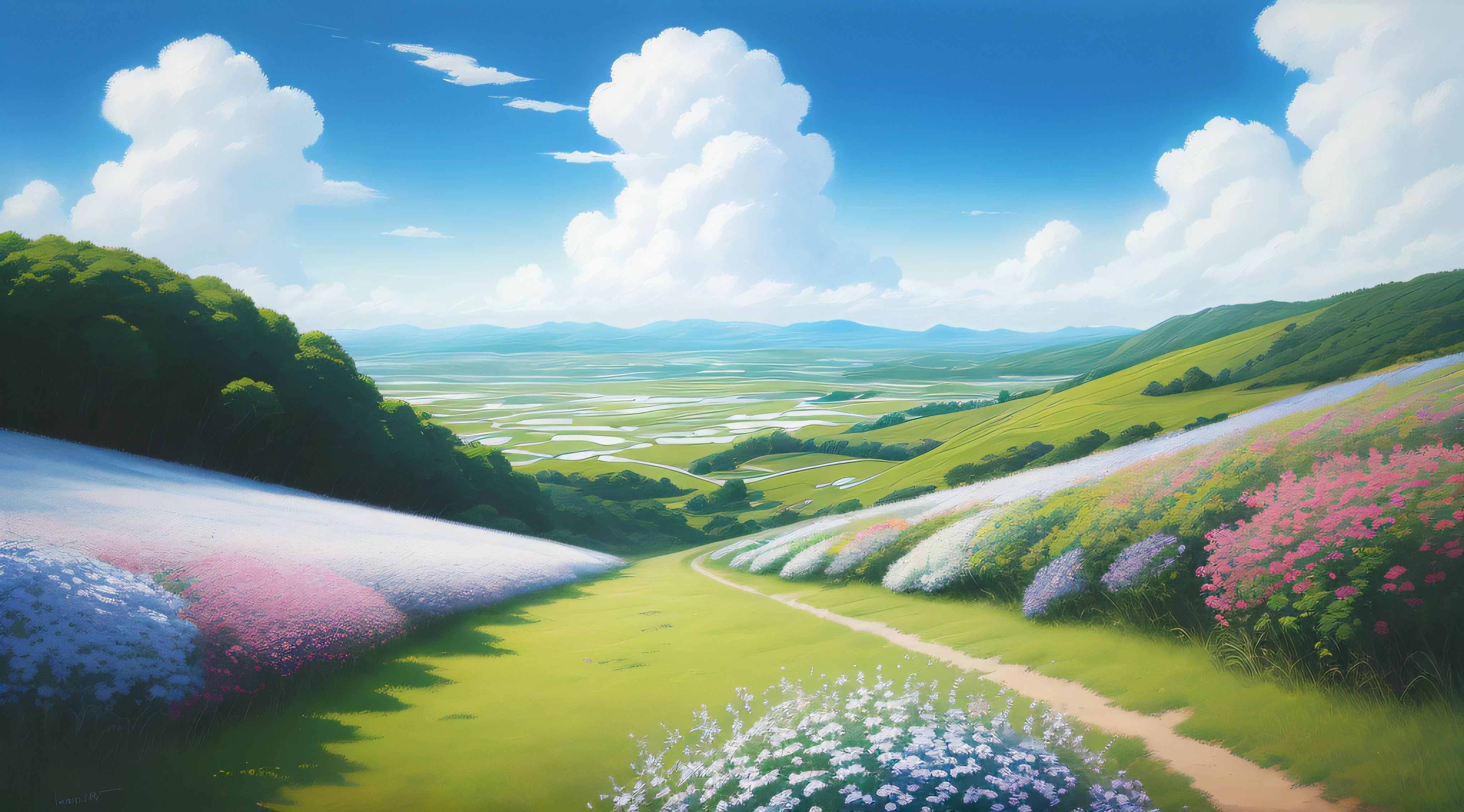 Realistic, authentic, beautiful and amazing landscape oil painting Studio Ghibli Hayao Miyazaki's petal grassland with blue sky and white clouds --v6