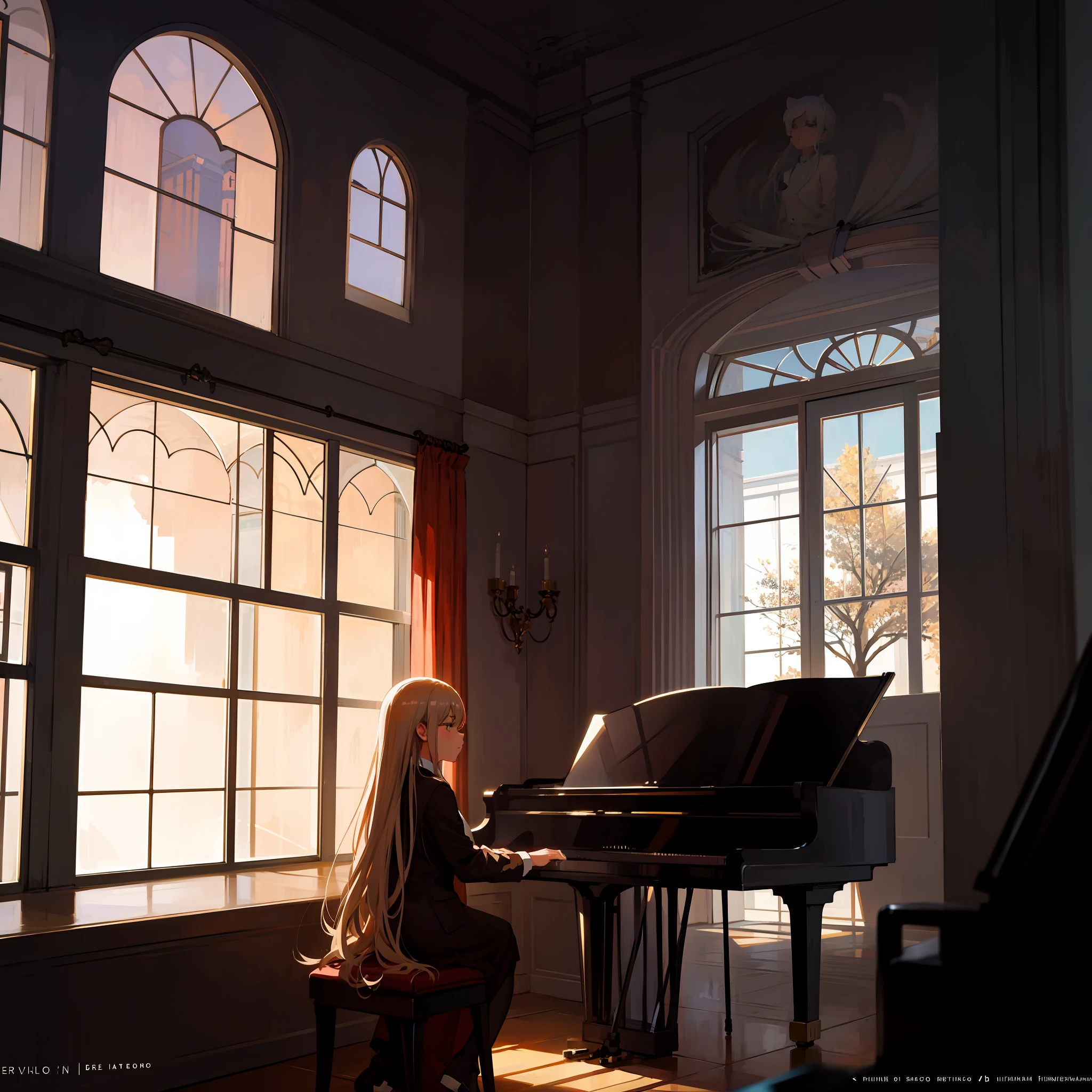 At dusk, an 18-year-old girl was playing the piano with her eyes closed in a room surrounded by large French window