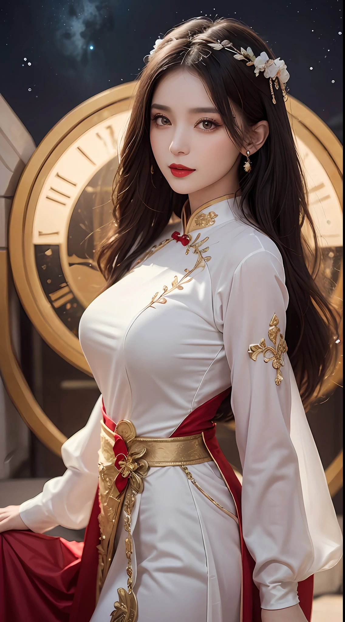1 27-year-old girl, 1 zodiac goddess from the future, 12 zodiac goddess pink purple, 12 zodiac goddess wearing red and white silk long dress and pants, 12 bows and ao dai detailed black lace zodiac, mythical goddesses of the 12 zodiacs from the future, zodiac , luxury glittering zodiac style, dark and mysterious version, royal crown director, red lipstick, thin and beautiful lips, mesmerizing smile, characters created by karol bak and pino daeni, intricate details, detailed backgrounds, extreme detail, light magic, a woman wearing long silk clothes, clear face, long hair with flat bangs, beautiful face in detail and well-proportioned eyes, (transparent yellow eyes: 1.8), big eyes round and very beautiful and detailed makeup, foresight, long silk clothes, mysterious makeup, side bangs and dyed light blonde, upper half portrait, zodiac goddess portrait, arms hanging loose , Realistic and vivid photos, (the stars that make up the zodiac: 1.7), (the zodiac sky background and fictitious space and time portal: 1.8), fiction art, RAW photos, hanfu photo, best photo, best quality photo, 8k, 8k ulta quality, super realistic, most realistic photo,