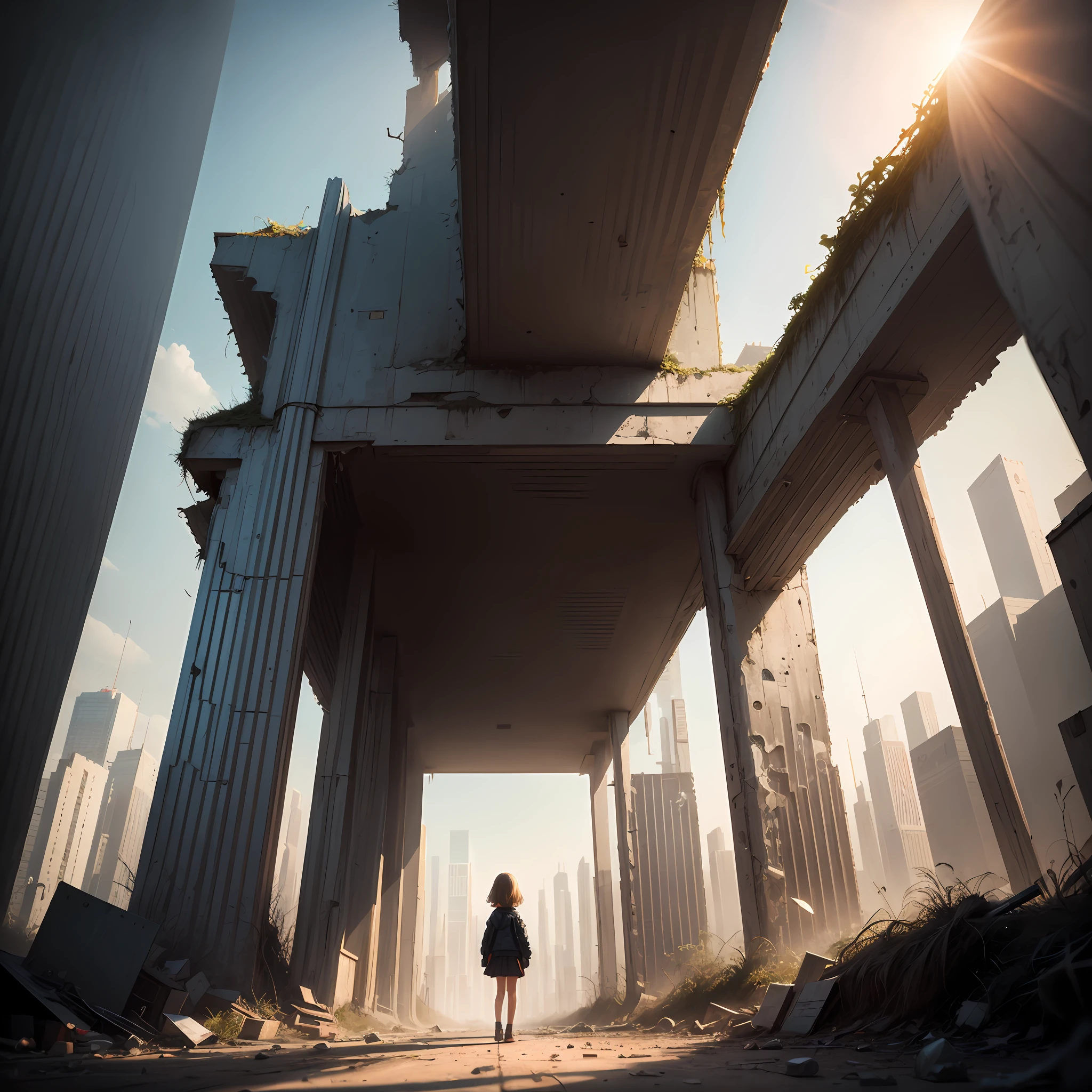 dystopia, shadow of a little girl, light of hope, girl lost in a near-future world, futuristic buildings, devastated world, wide-angle lens, pulling composition --auto