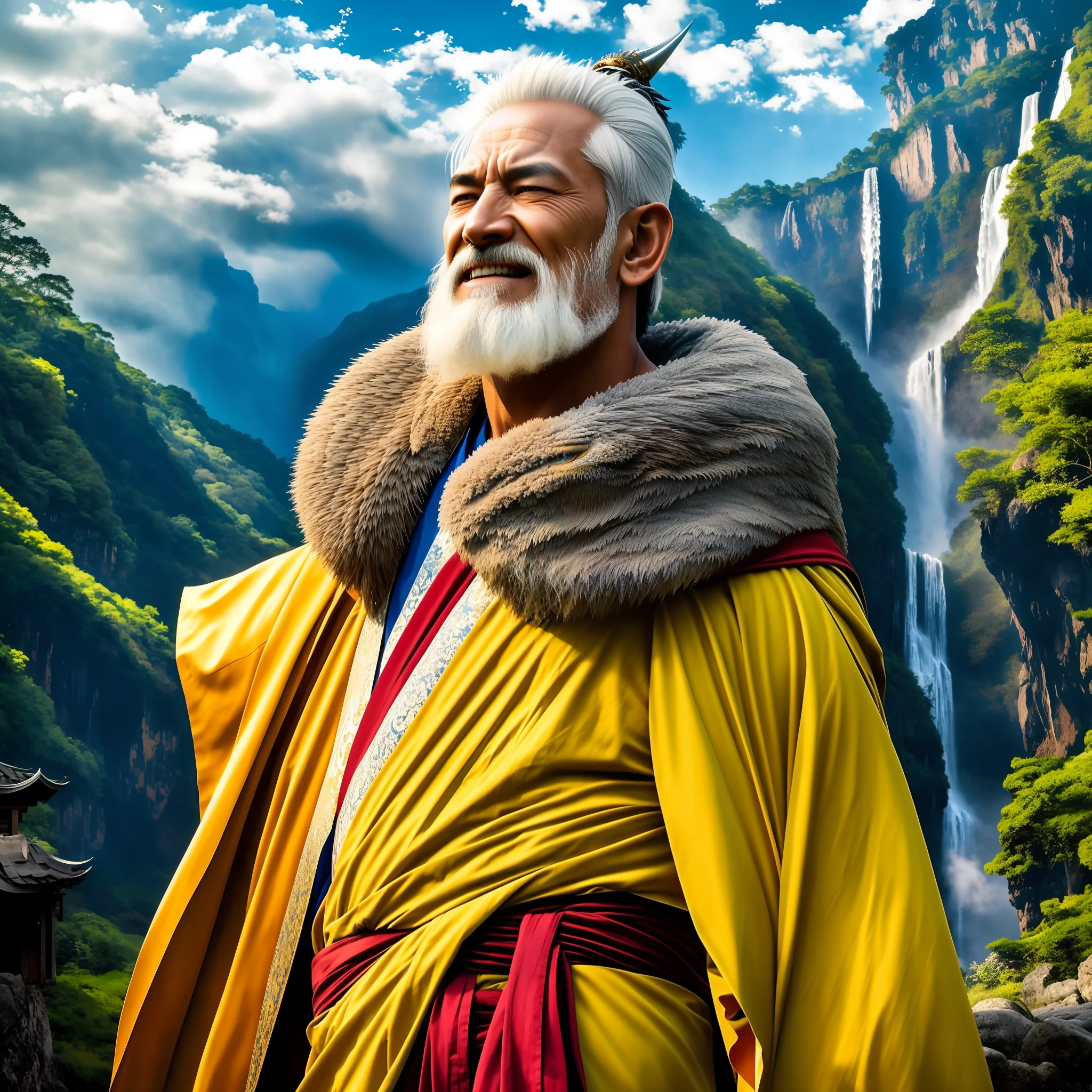 Best quality, masterpiece, ultra high res,human, (long: 1.2), sky, yellow eyes, cloud, scales, oriental dragon, open mouth, sharp teeth, horns, blue sky, hermit meditating under waterfall, oriental robes, closed mouth, sober face, front, looking at the viewer, male focus, virile, muscular, scar, silver hair, typical cultivation RPG fighting background, Chinese mountain in the background with flying dragon, manga style, strong, 1 MAN, STRONG FACE, WEARING A KIMONO, SURROUNDED BY KANJI, WITH CLOUDS AROUND, ZEN,