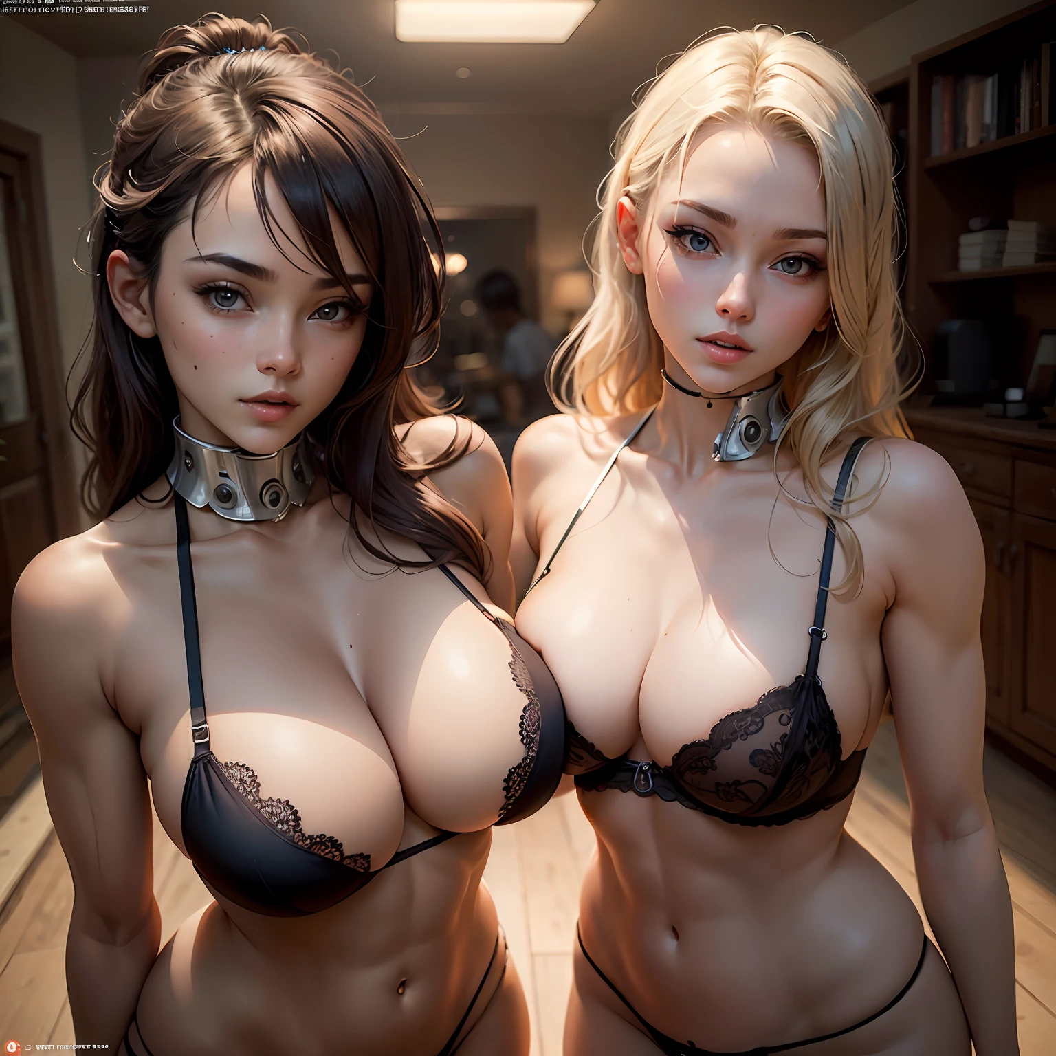Beautiful cybernetic girl looking at camera underwear detailed muscles realistic masterpiece, camel toe perfect lighting perfect body perfect face realistic facial features breasts heavy, dangling breasts, cleavage, pussyprint, areolas protruding, hentai, sexy pornstar pose --auto