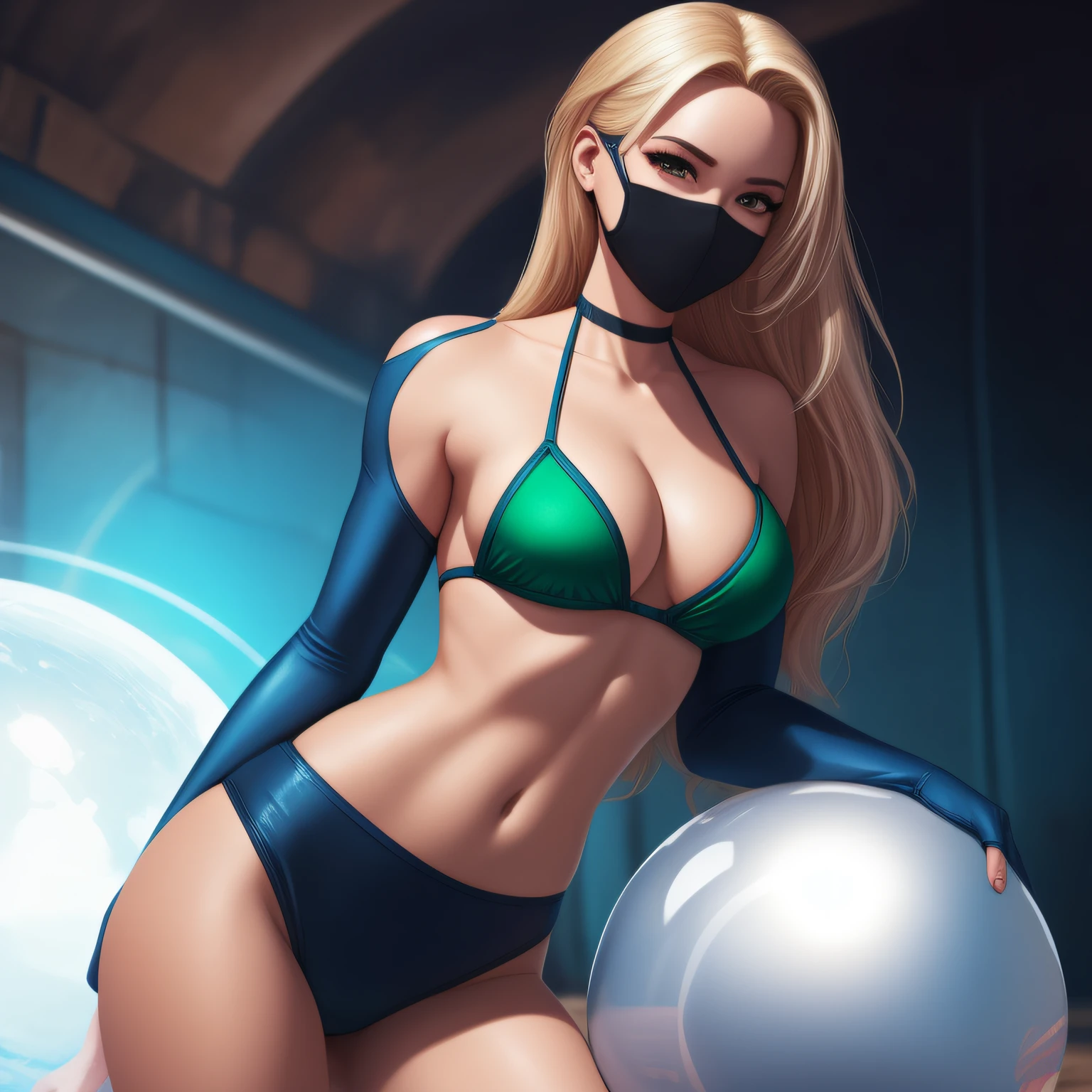 A woman in a silver bikini and mask sitting on a ball, black hair, green eyes, cutesexyrobutts, cammy, commission for high res, lola fanart bunny, zero suit samus, artgerm extremely detailed, commission oc, commission full body for, pose badass, samus aran fanart, exquisite highly detailed fanart, high quality colorful sketch, drawn in the style of artgerm --auto