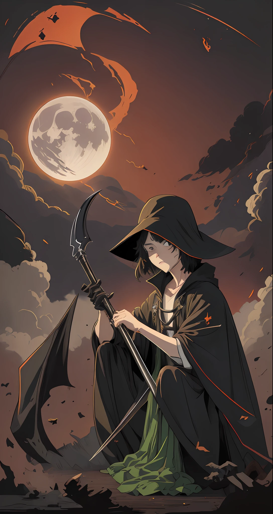 Izuku Midoriya as the grim reaper wearing plague doctor's clothes wielding a scythe on a cementary under the crimson moonlight