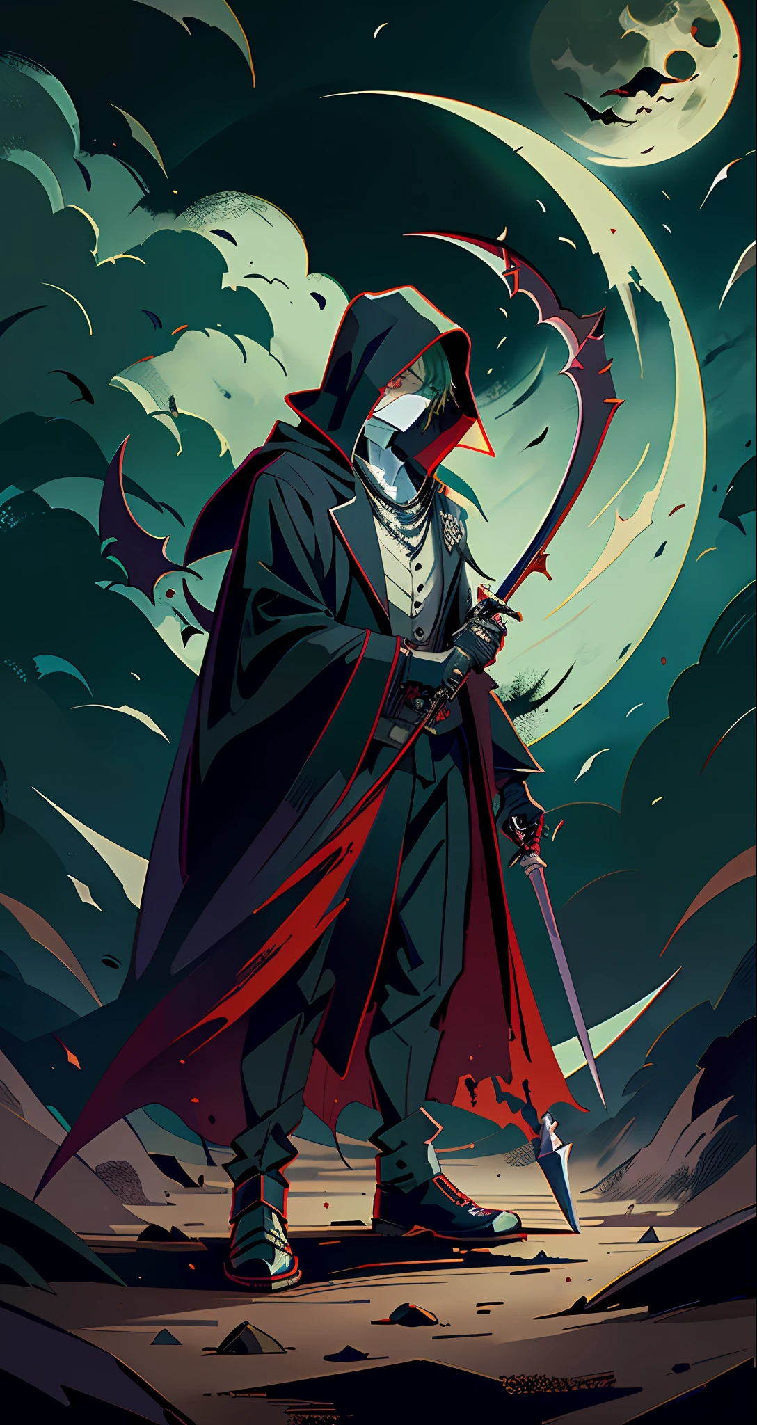 Izuku Midoriya as the grim reaper wearing plague doctor's clothes wielding a scythe on a cementary under the crimson moonlight